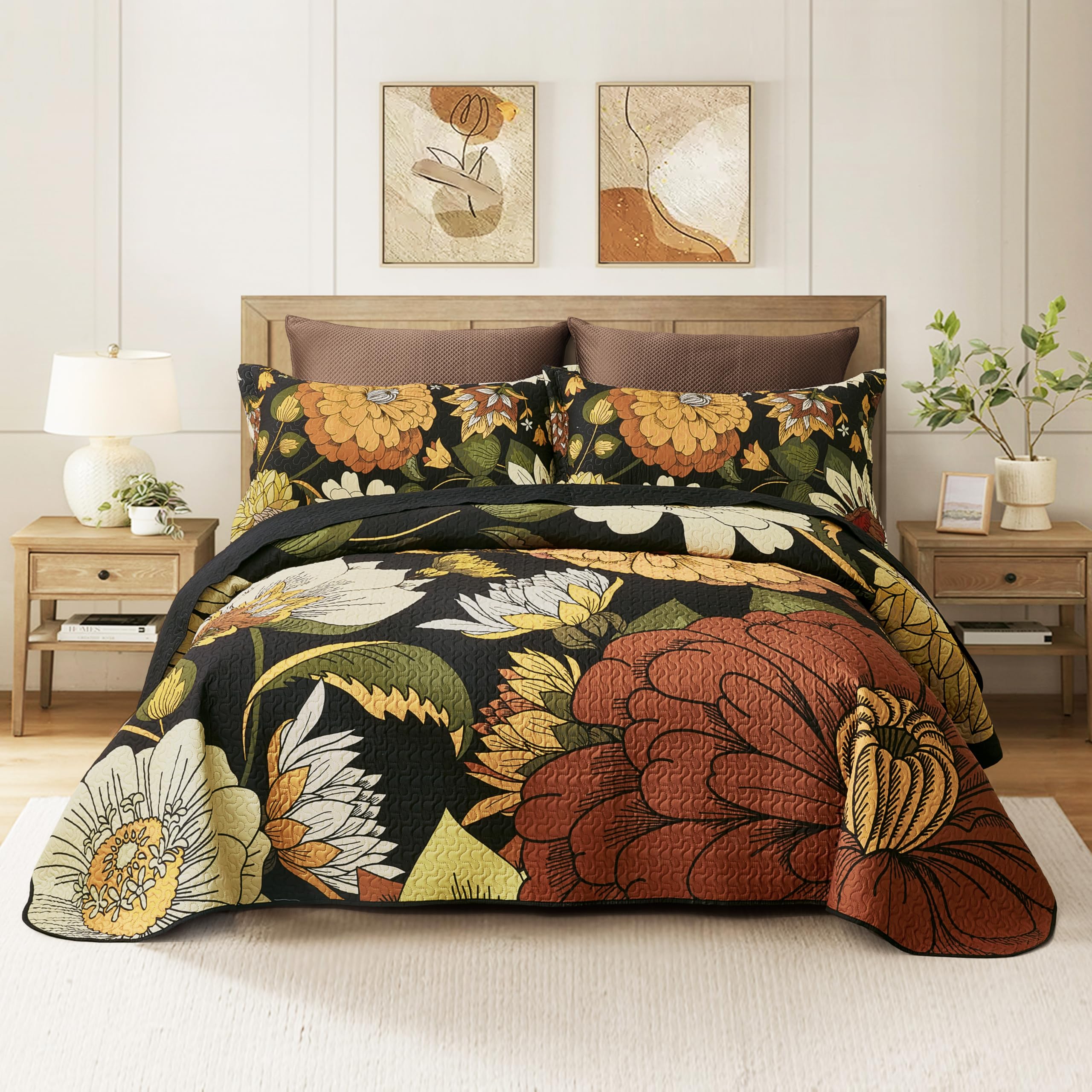 Tyrot 3 Piece Black Boho Floral King Size Quilt Sets Reversible Farmhouse Botanical Lightweight Bedspread Coverlet With 2 Shams