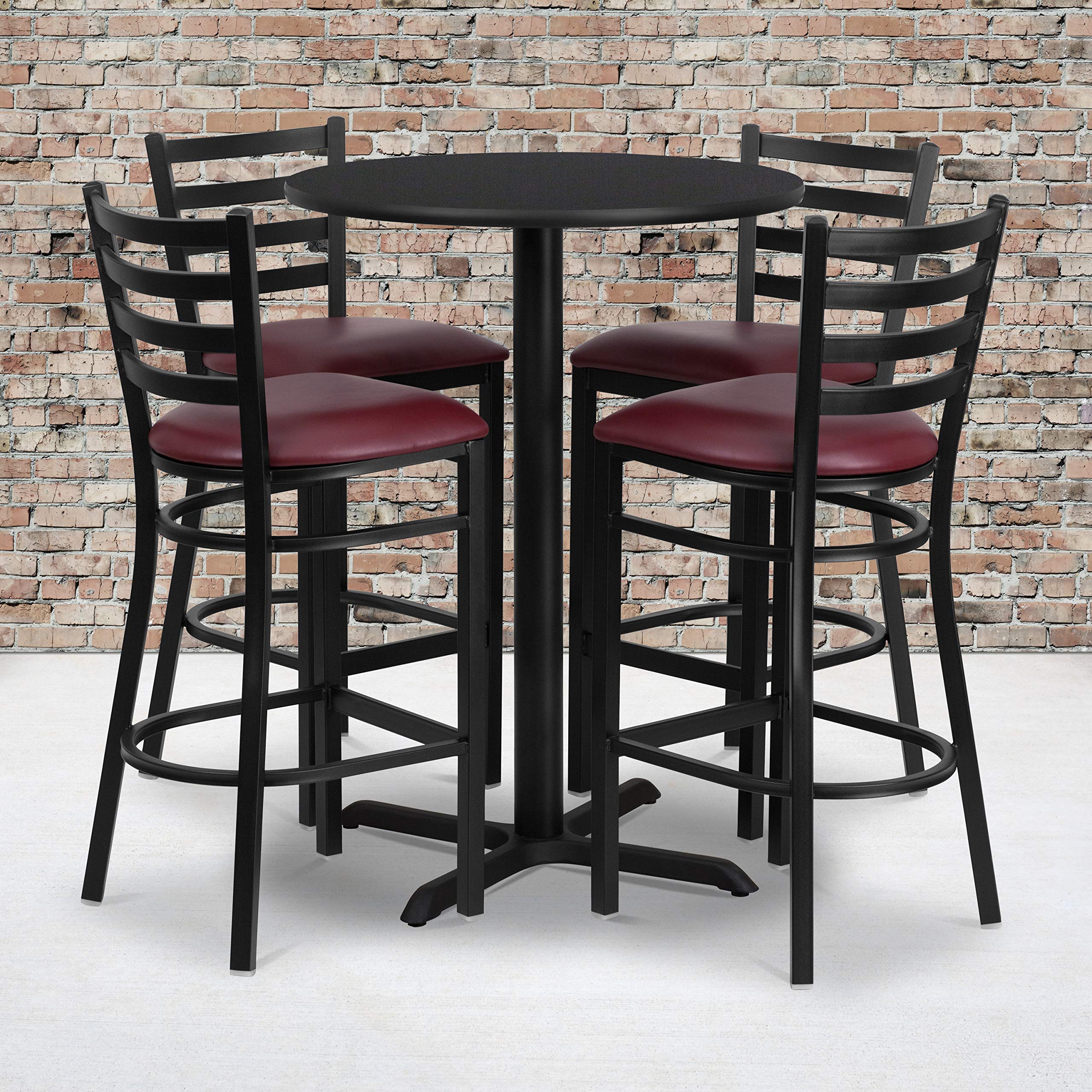 Flash Furniture 30'' Round Black Laminate Table Set with X-Base and 4 Ladder Back Metal Barstools - Burgundy Vinyl Seat