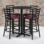 Flash Furniture 30'' Round Black Laminate Table Set with X-Base and 4 Ladder Back Metal Barstools - Burgundy Vinyl Seat