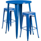 Flash Furniture Commercial Grade 30" Round Blue Metal Indoor-Outdoor Bar Table Set with 2 Square Seat Backless Stools