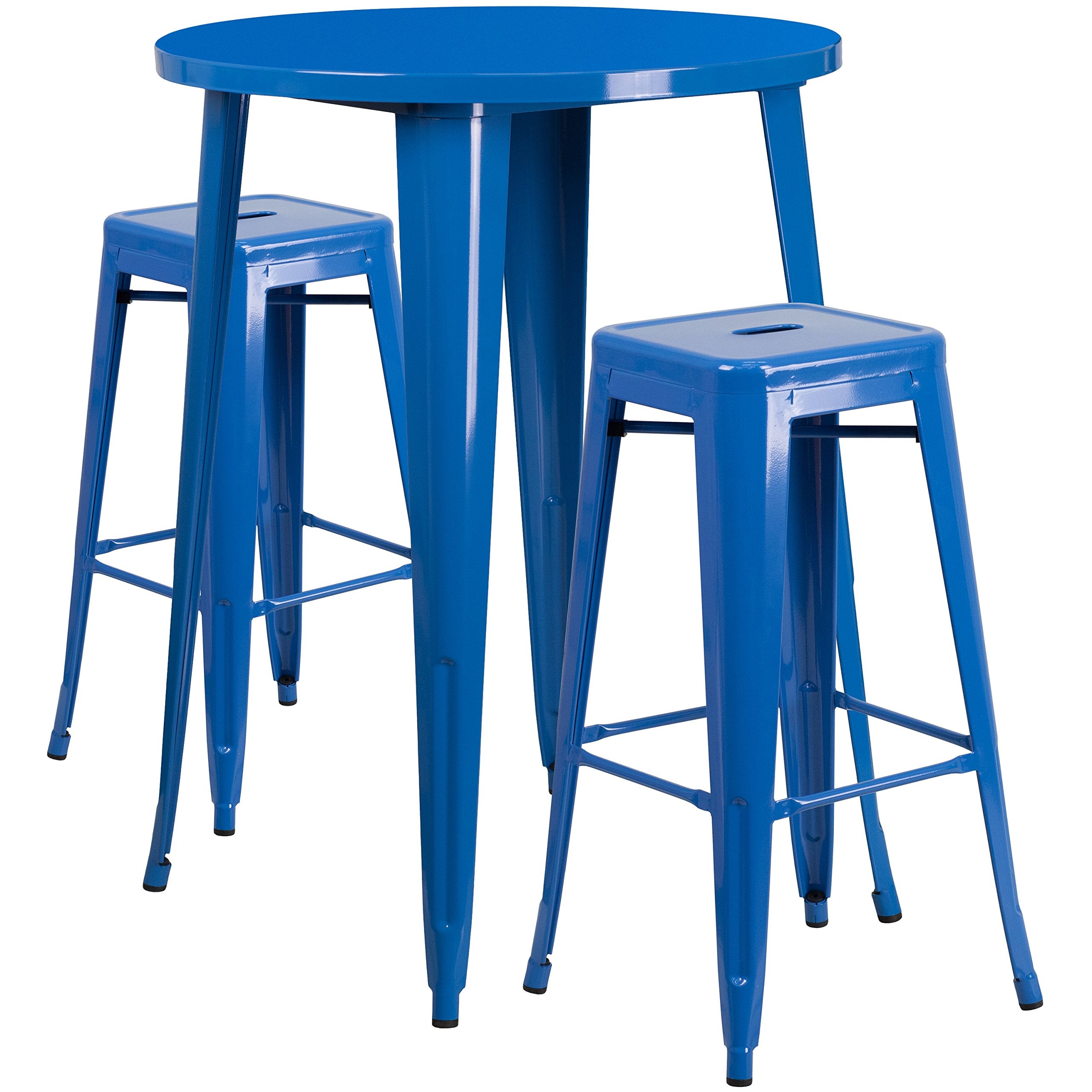 Flash Furniture Commercial Grade 30" Round Blue Metal Indoor-Outdoor Bar Table Set with 2 Square Seat Backless Stools