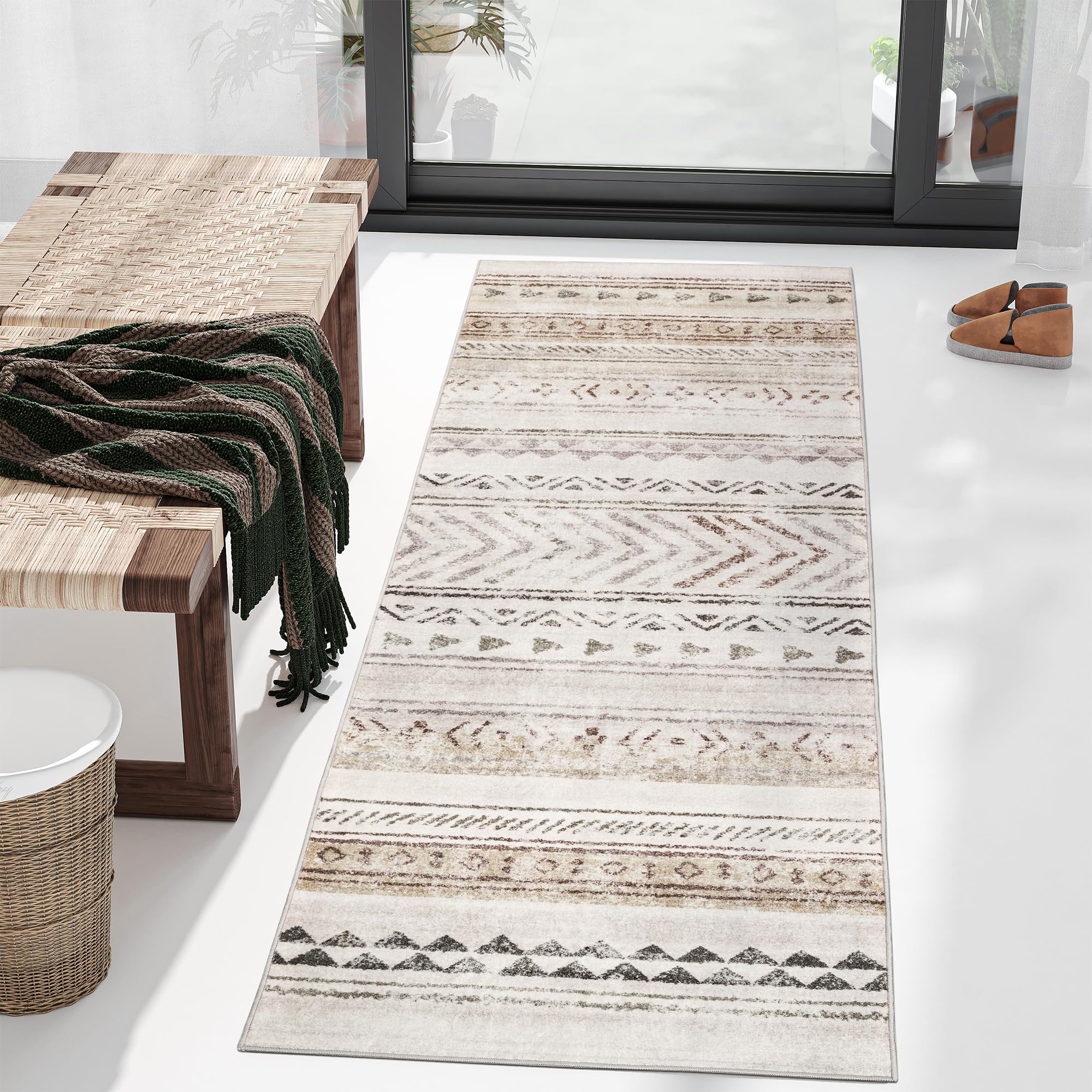 Art&Tuft Runner Rug 26x8, Super Soft Ultra-Thin Moroccan Washable Rug, Anti-Slip Backing Kitchen Rugs, Foldable Geometric Mach