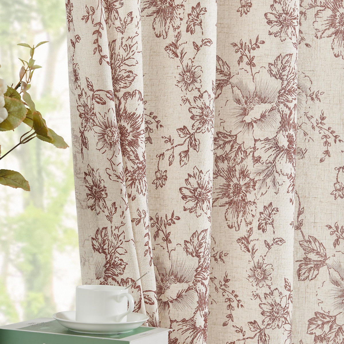 Jinchan Linen Curtains Floral Curtains For Living Room 63 Inch Length Brick Red Printed Curtains Rod Pocket Back Tab Farmhouse P