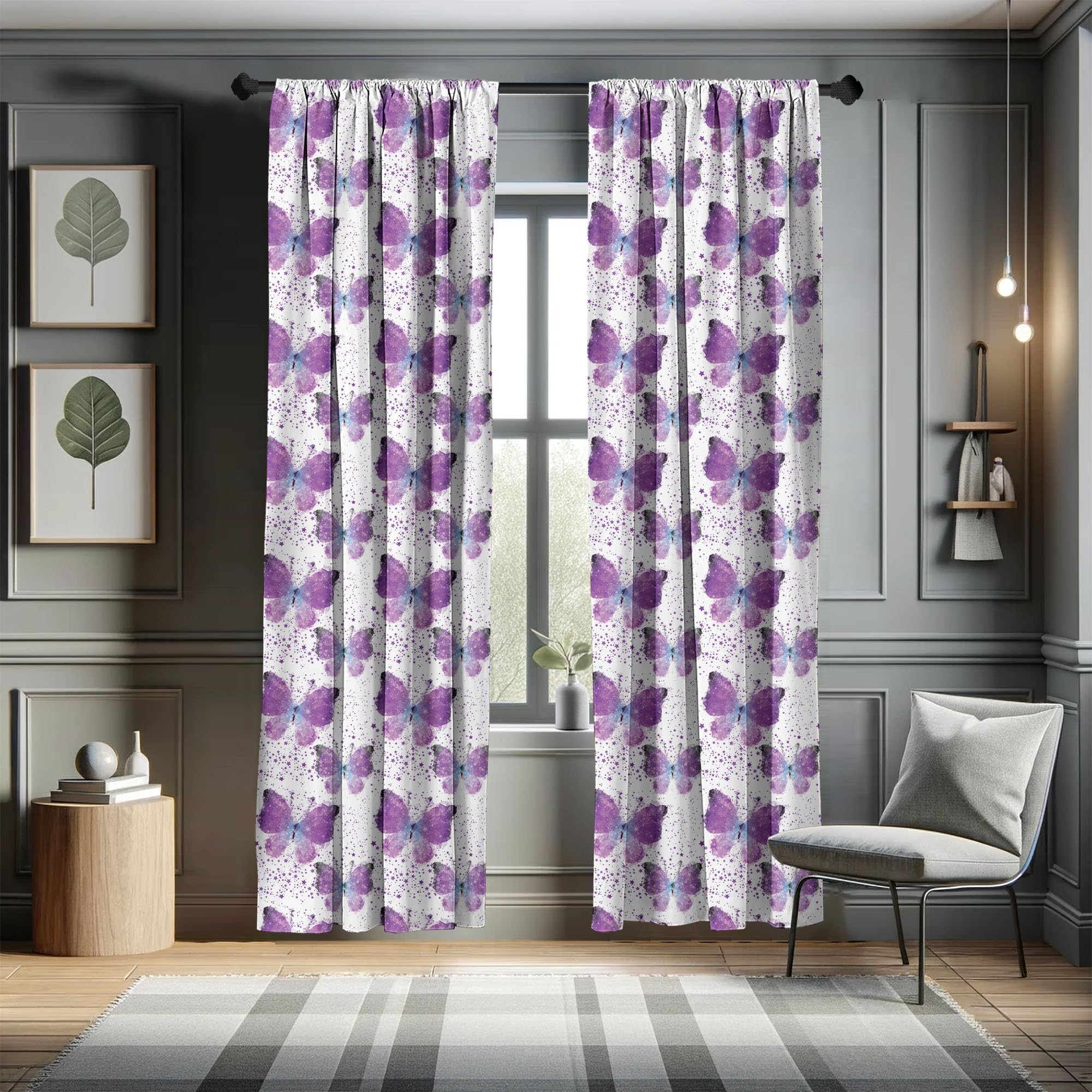 Ambesonne Butterfly Curtains, Surreal Star Patterned Background With Polygonal Butterflies Modern, Window Treatments 2 Panel Set