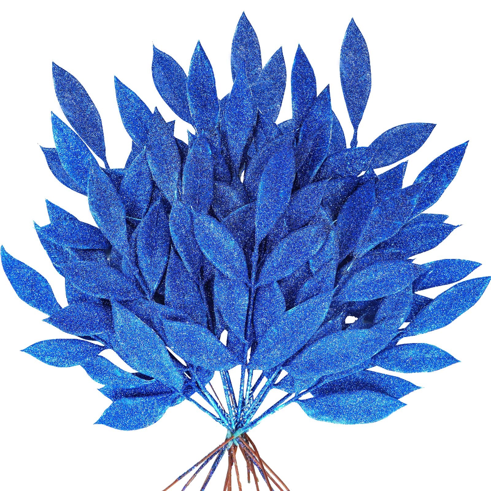 Winlyn 20 Pcs Blue Glitter Bay Leaf Sprays Artificial Christmas Tree Picks Sprays 12.7 Tall for Blue Christmas Tree Wreath Swag 