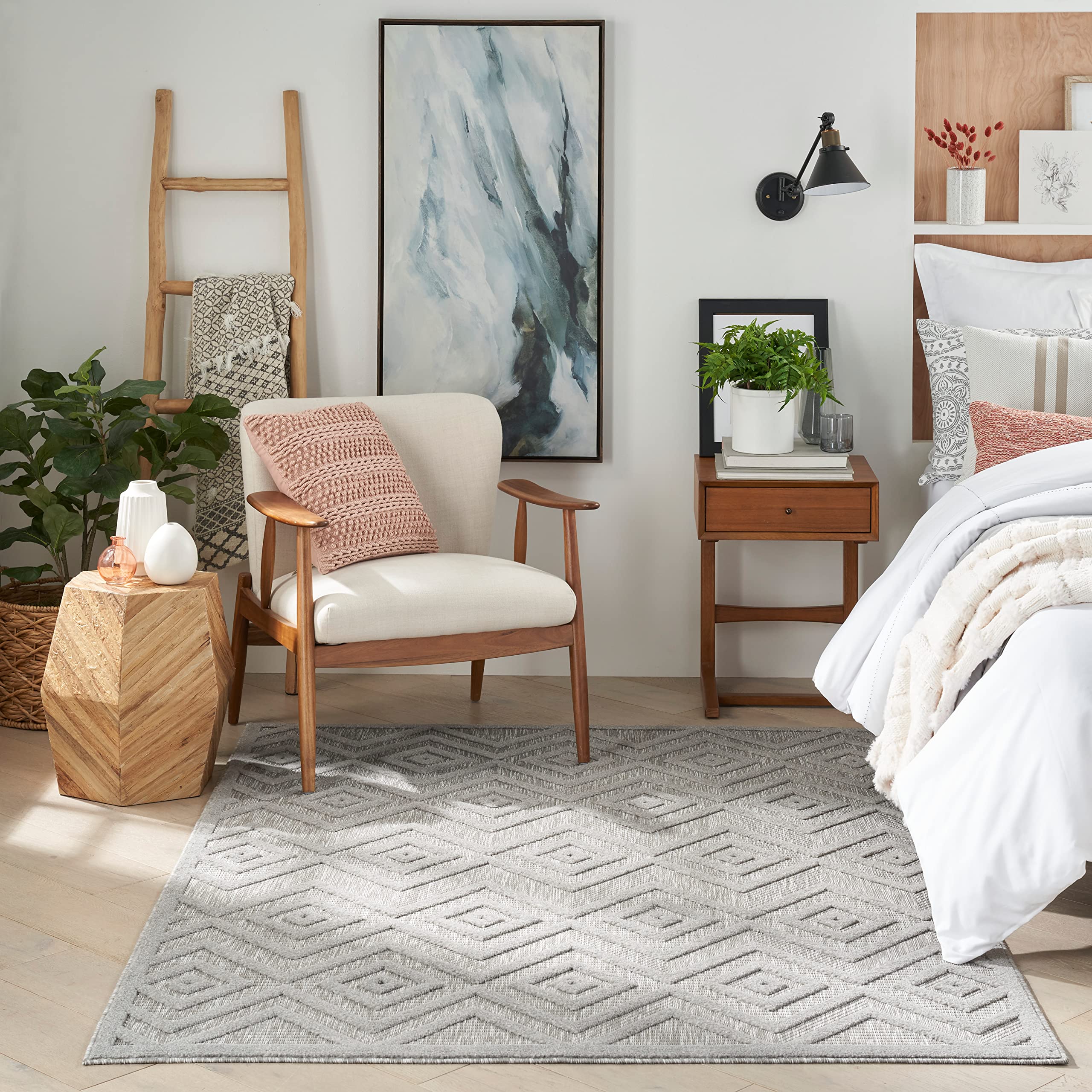 Nourison Versatile Indoor/Outdoor Silver Grey 6' X 9' Area Rug, Moroccan, Modern, Bedroom, Living Room, Backyard, Deck, Patio, Easy Clean, Non Shedding (6X9)