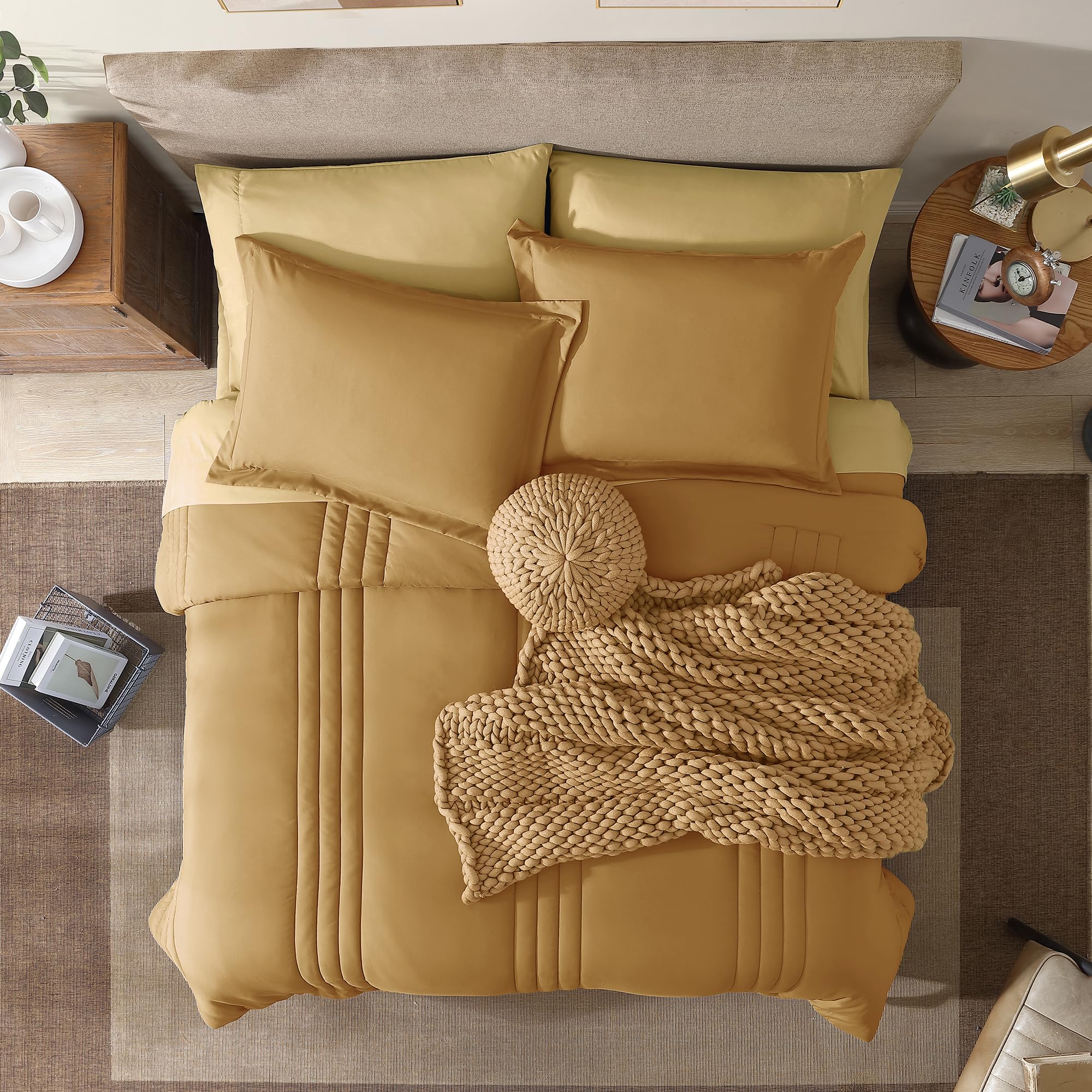 Monbix Queen Comforter Set - 7 Pieces Desert Yellow Bed in a Bag Down Alternative Polyester