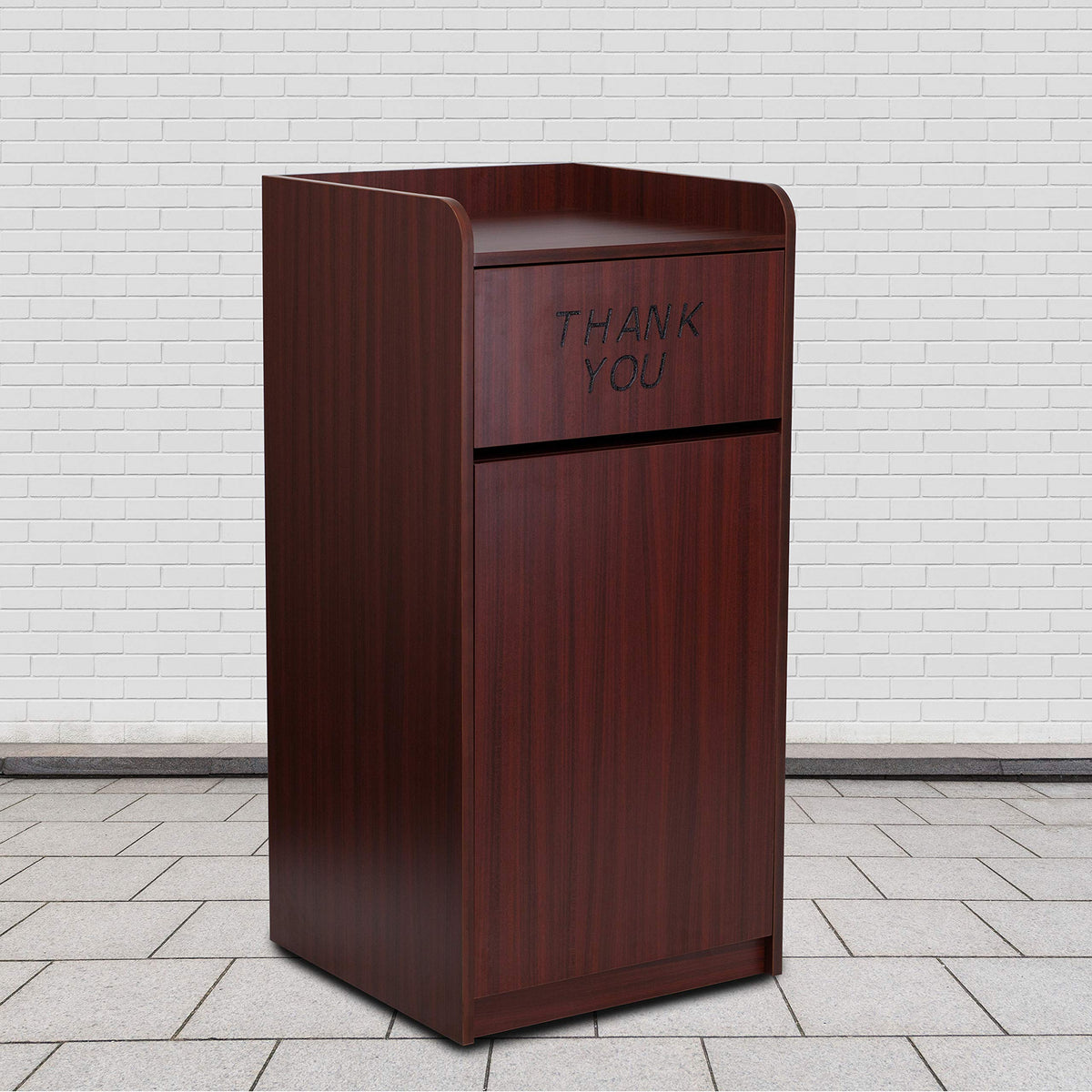 Flash Furniture Sony Laminate Wood Commercial-Grade Trash Receptacle with Tray Top, Wooden Restaurant Trash Can Garbage Receptacle, Mahogany