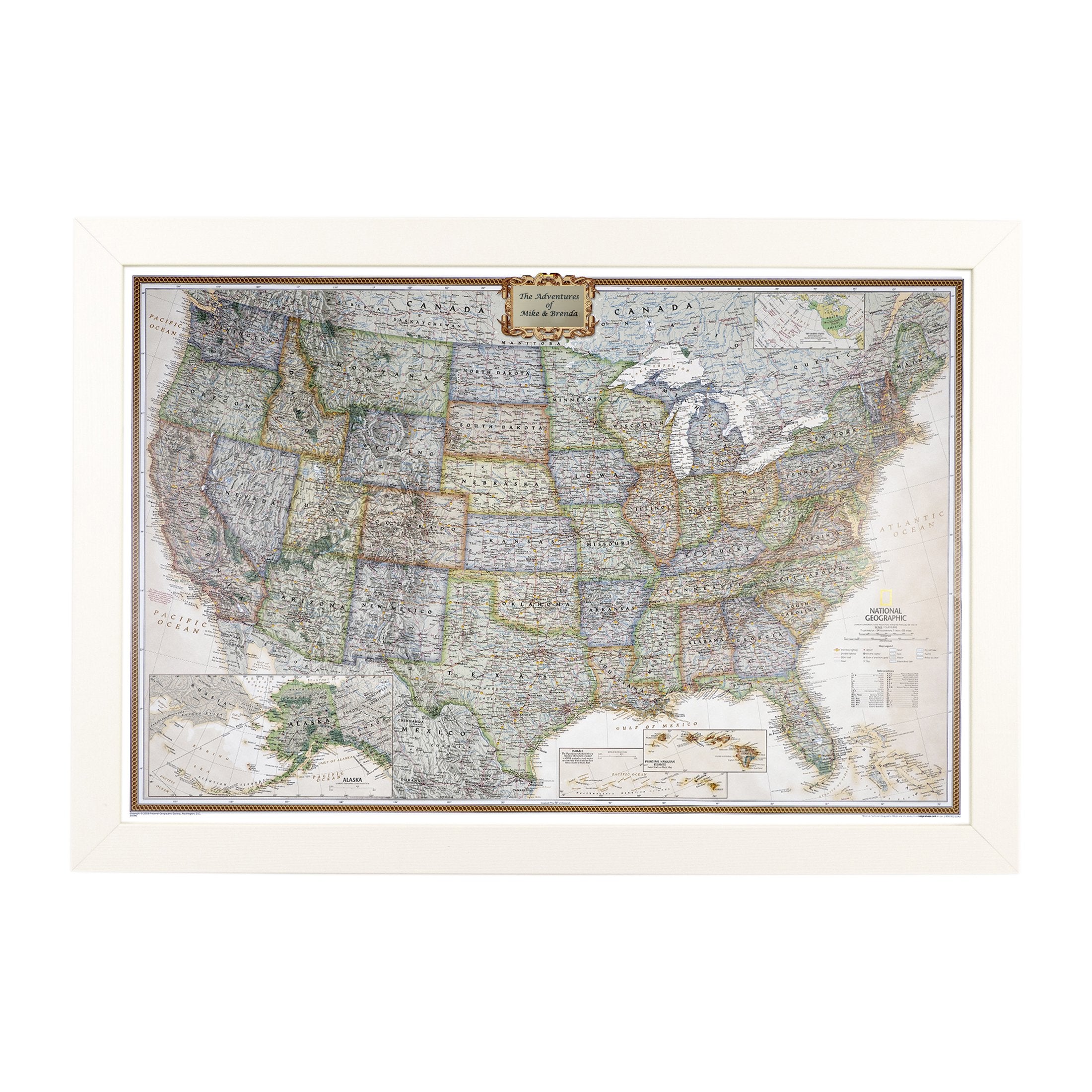 Push Pin Travel Maps Executive US with Personalized Textured White Frame and Pins - 27.5 inches x 39.5 inches
