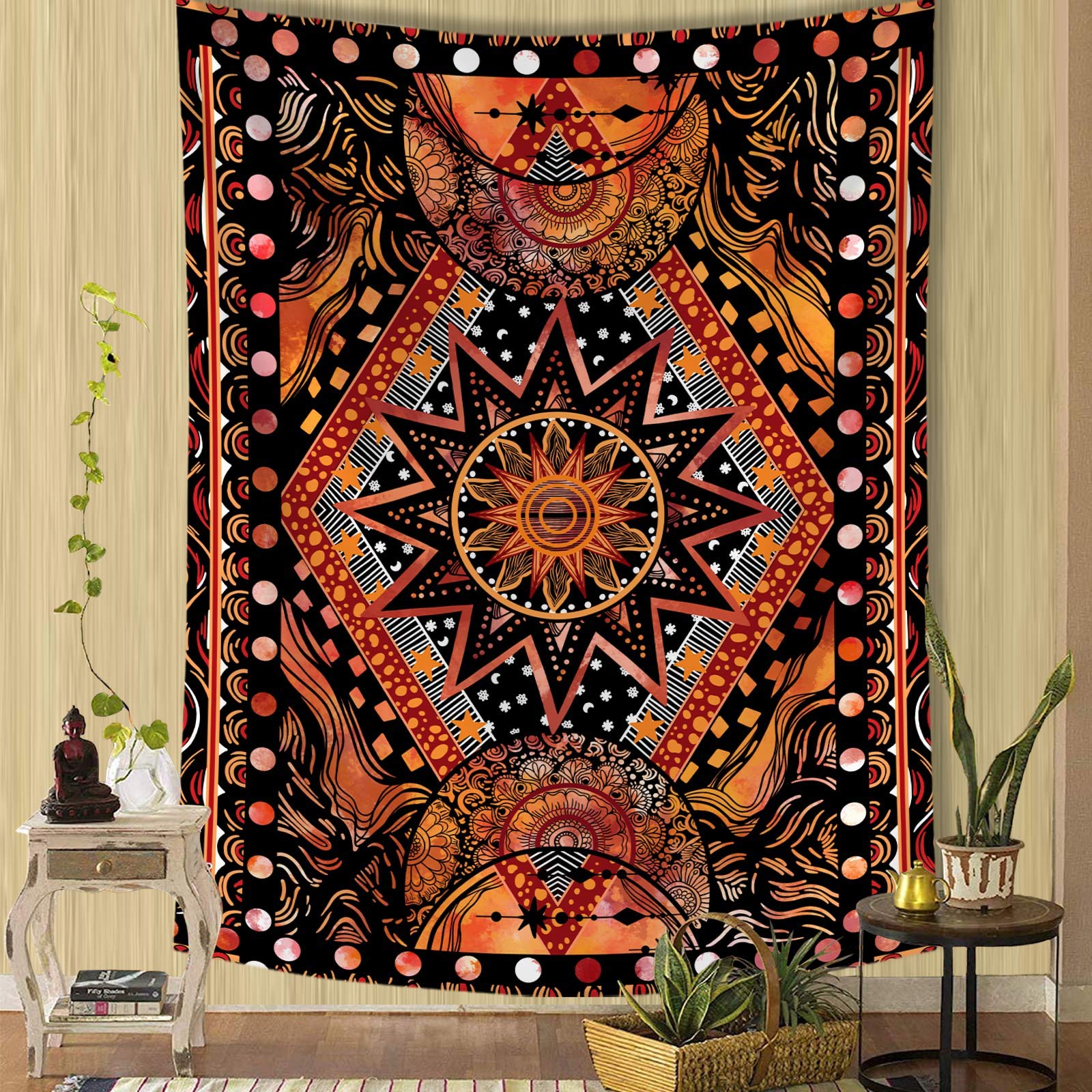 Fowocu Orange Sun and Moon Tapestry Wall Hanging, Indie Hippie Mandala Cool Wall Tapestries, Aesthetic Tapestry for Bedroom Livi