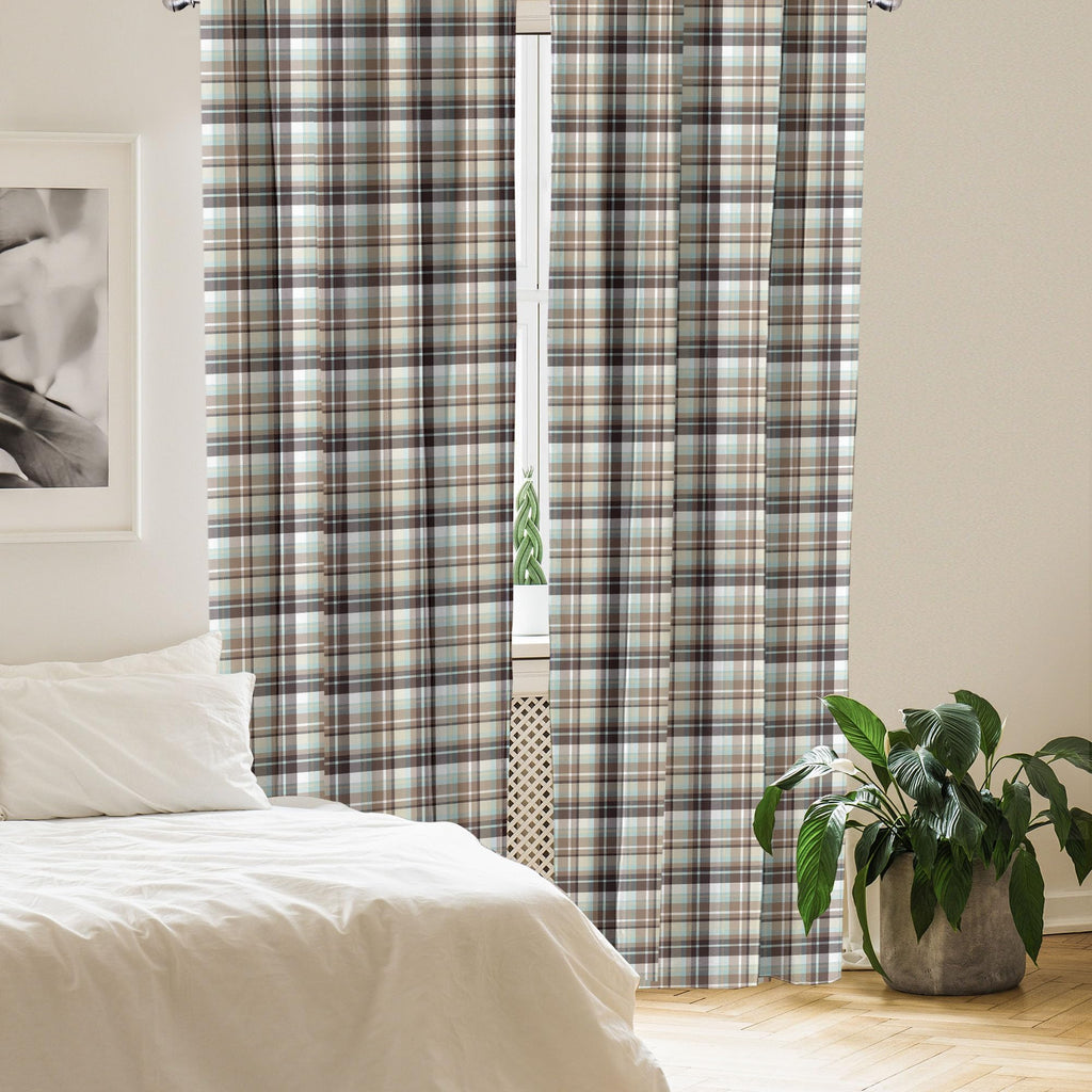 Ambesonne Brown Plaid Window Curtains Pack Of 2, Brown Blue Associated Print Repeating Squares And Stripes Geometric Layout, Lig