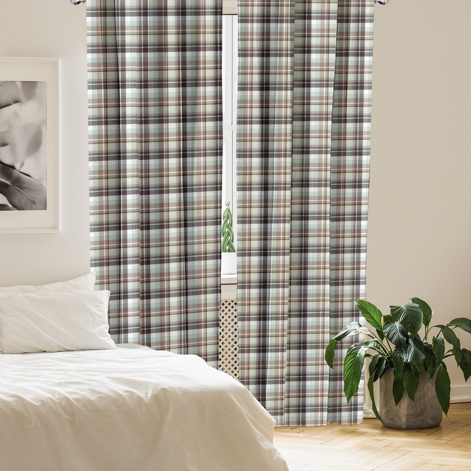 Ambesonne Brown Plaid Window Curtains Pack Of 2, Brown Blue Associated Print Repeating Squares And Stripes Geometric Layout, Lig