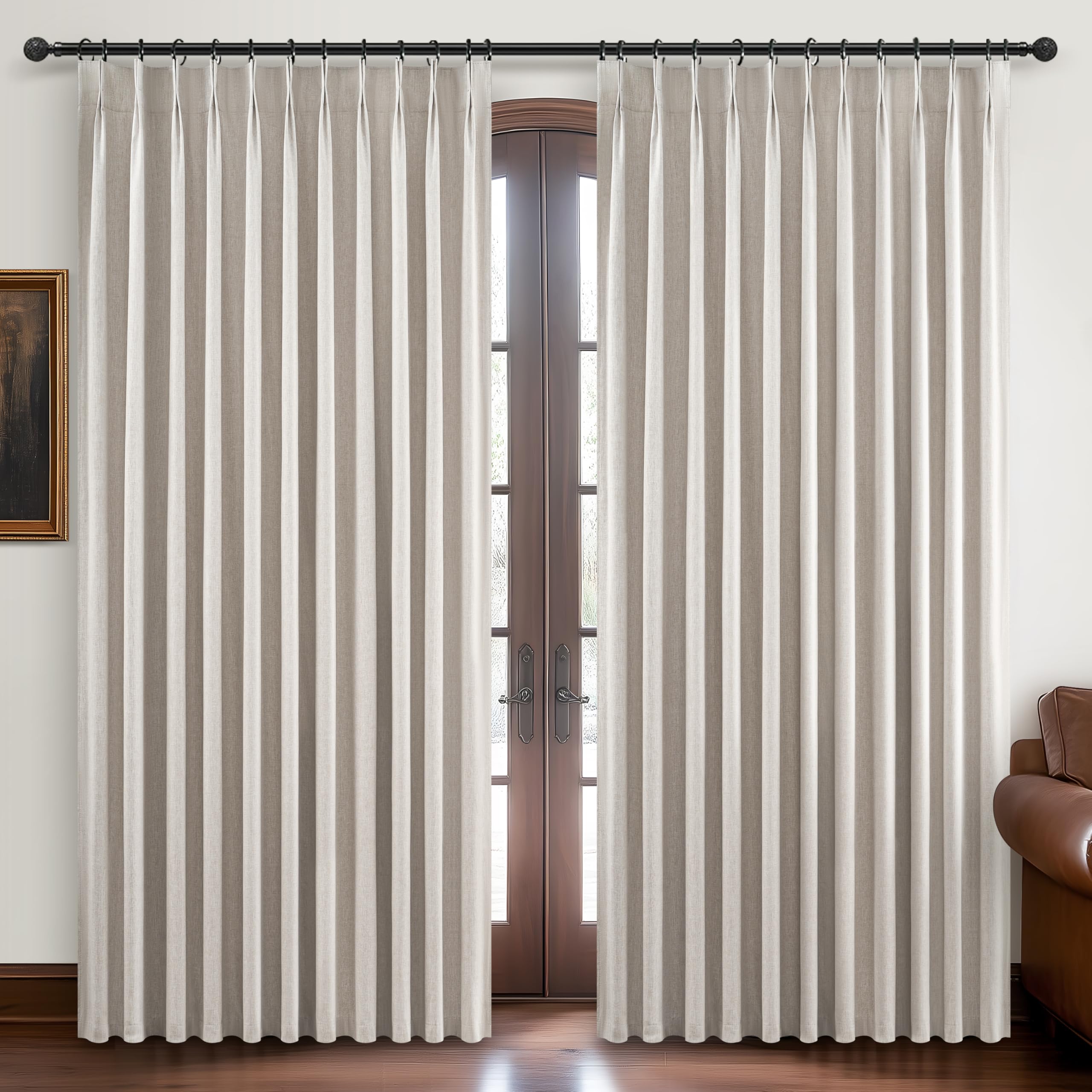 Pinch Pleated Blackout Curtains 70 Inches Wide for Living Room, Room Darkening Linen Blend Tan Viral Large Window Curtain for Be