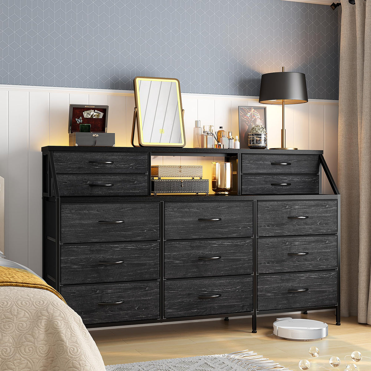 Enhomee 55”W Black Dresser For Bedroom, Dressers & Chests Of Drawers With 13 Large Drawer,Dressers,Long Dresser For Closet, Wooden Top Metal Frame With 2 Shelves,55.12' W X 35.45' H X 11.02' D