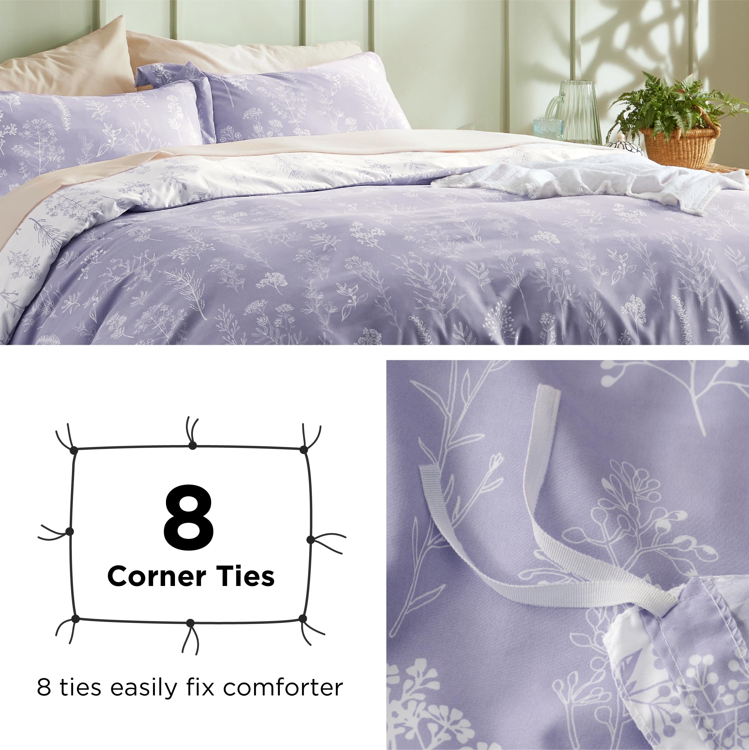 Bedsure Duvet Cover Queen Size - Reversible Lilac Purple Queen Duvet Cover Set With Zipper Closure, 3 Pieces Cute Floral Patterned Bedding Set With 8 Corner Ties And 2 Pillow Shams