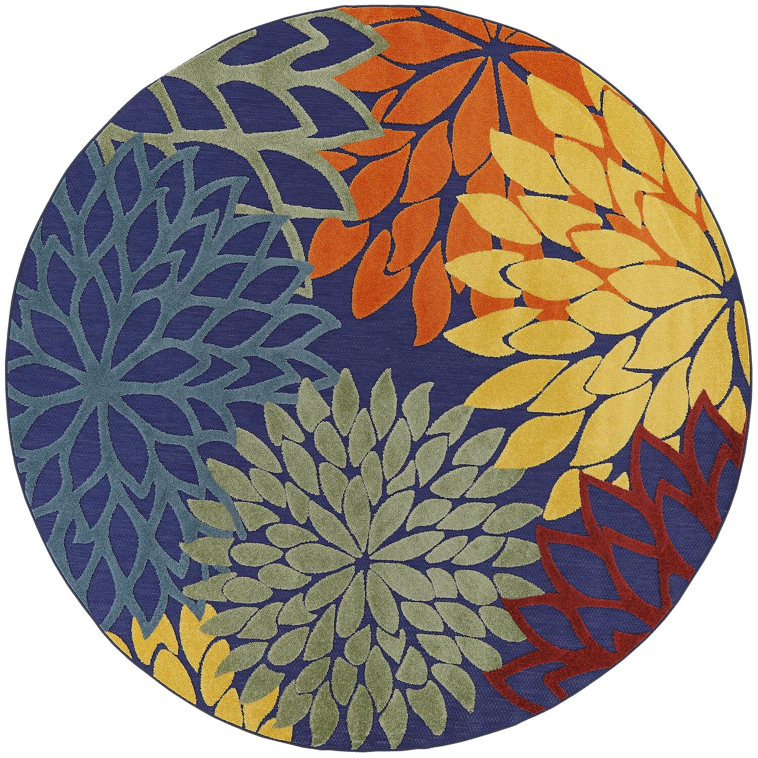 Nourison Aloha Indoor-Outdoor Navy Multicolor 5'3' X Round Area Rug, Easy Cleaning, Non Shedding, Bed Room, Living Room, Dining