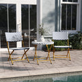 EMMA + OLIVER Ciel Three Piece Folding Bistro Set - Navy and White PE Rattan - Natural Finish Metal Frames - Indoor/Outdoor Use