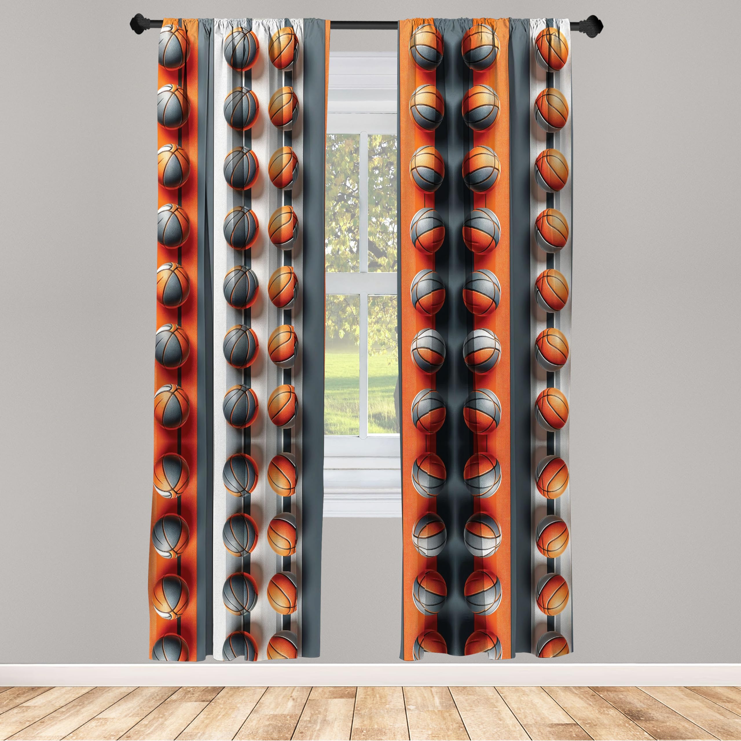 Ambesonne Basketball Window Curtains Pack Of 2, Contemporary Abstract Design Of Sports Theme Ball Pattern With Stripes, Lightwei