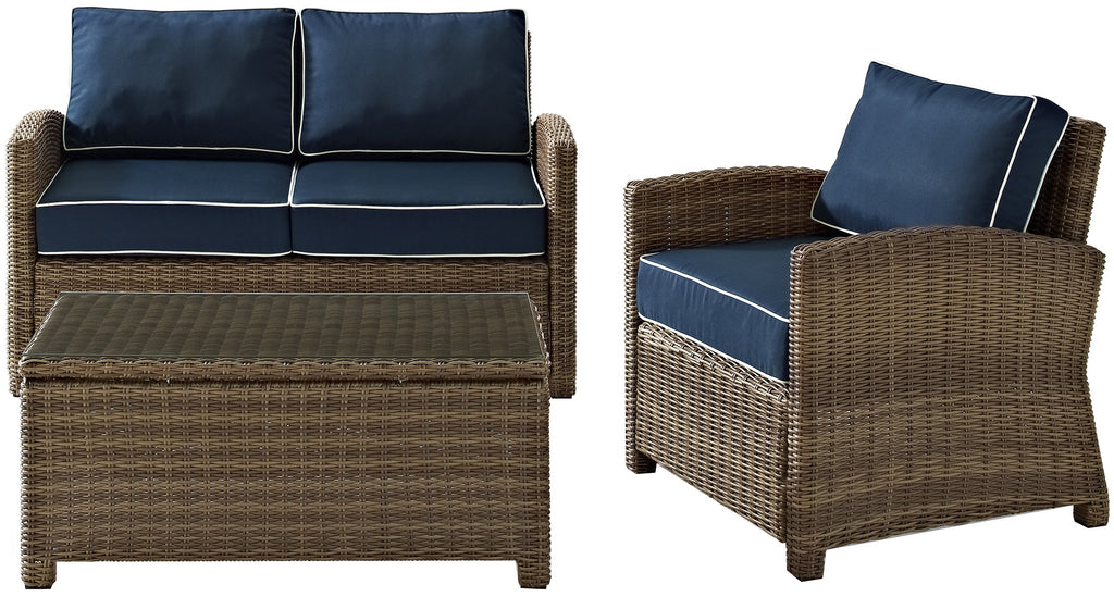 Crosley Furniture Bradenton 3-Piece Outdoor Loveseat Patio Furniture Set, Wicker Conversation Sets for Porch, Brown with Navy Cushions