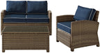 Crosley Furniture Bradenton 3-Piece Outdoor Loveseat Patio Furniture Set, Wicker Conversation Sets for Porch, Brown with Navy Cushions