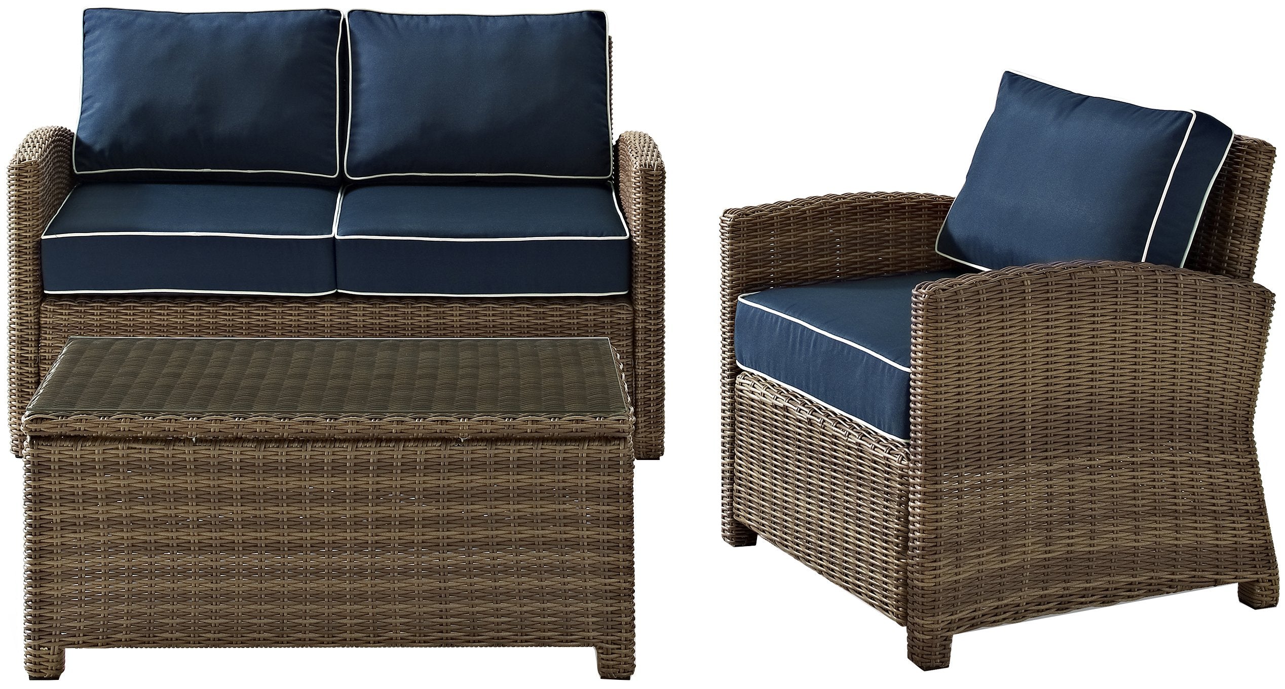 Crosley Furniture Bradenton 3-Piece Outdoor Loveseat Patio Furniture Set, Wicker Conversation Sets for Porch, Brown with Navy Cushions