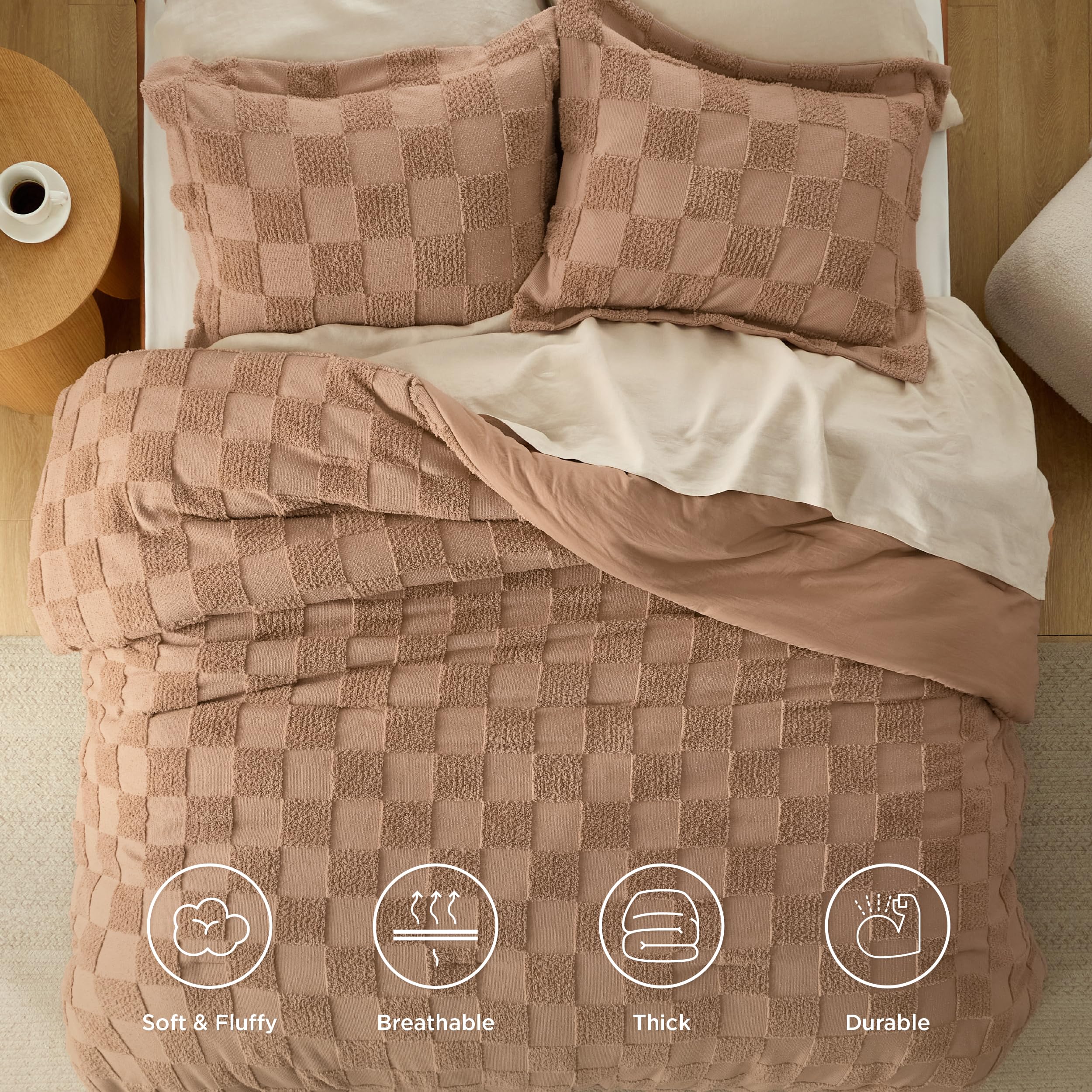 Bedsure King Size Comforter Set Taupe, Boho Tufted Bed Set, Checkered Farmhouse Shabby Chic Bedding, 3 Pieces, 1 Plaid Geometric Comforter And 2 Pillow Shams