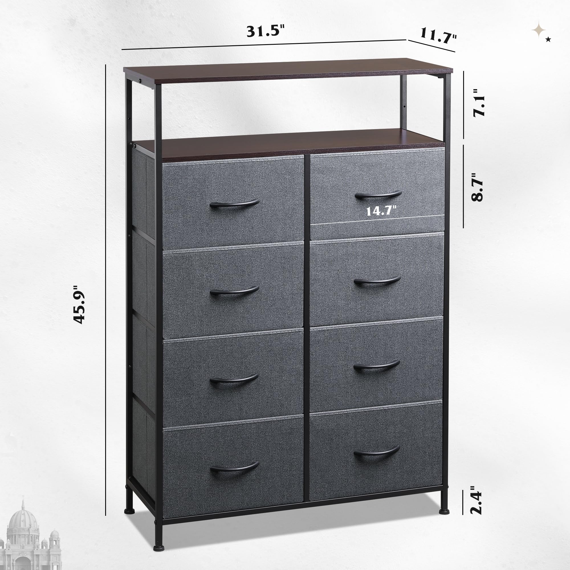 Wlive Fabric Dresser For Bedroom With Open Shelves, Tall Dresser With 8 Drawers, Storage Tower With Fabric Bins, Chest Of Drawers For Closet, Living Room, Hallway, Charcoal Gray