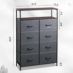 Wlive Fabric Dresser For Bedroom With Open Shelves, Tall Dresser With 8 Drawers, Storage Tower With Fabric Bins, Chest Of Drawers For Closet, Living Room, Hallway, Charcoal Gray
