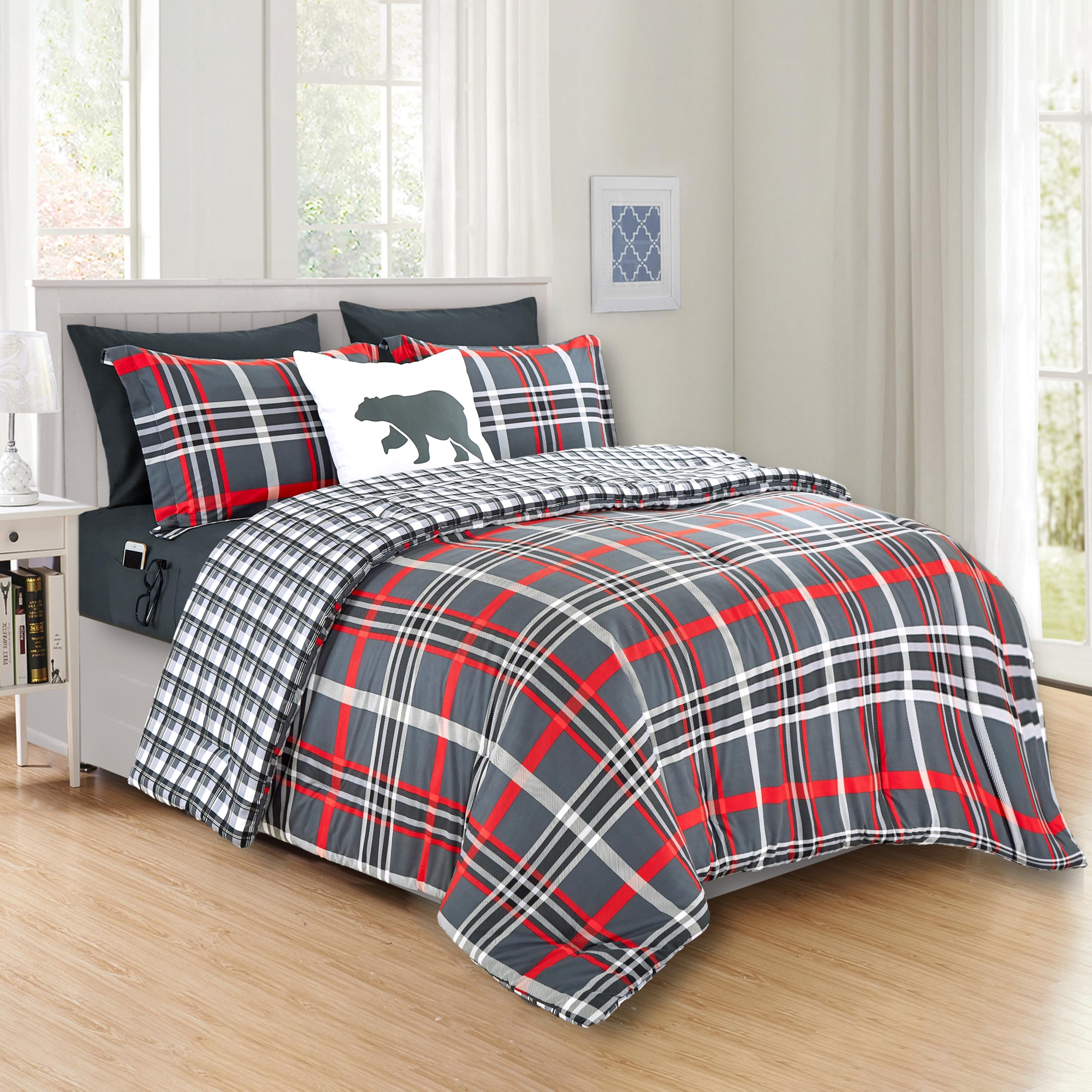 Elegant Comfort 8- Piece Lodge Plaid Reversible Comforter Set Bed-In-A-Bag Set - Silky Soft Complete Set Includes Bed Sheet Set With Double Sided Storage Pockets, King/Cal King, Gray