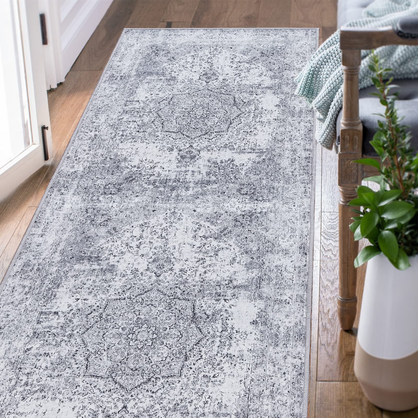 jinchan Runner Rug 2x6 Washable Hallway Rug Vintage Distressed Runner Gray Indoor Thin Traditional Floral Mat Lightweight Non Sl