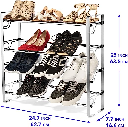 4-Tier Adjustable Shoe Rack with Slide-n-Adjust Shelves, Silver Chrome Finish