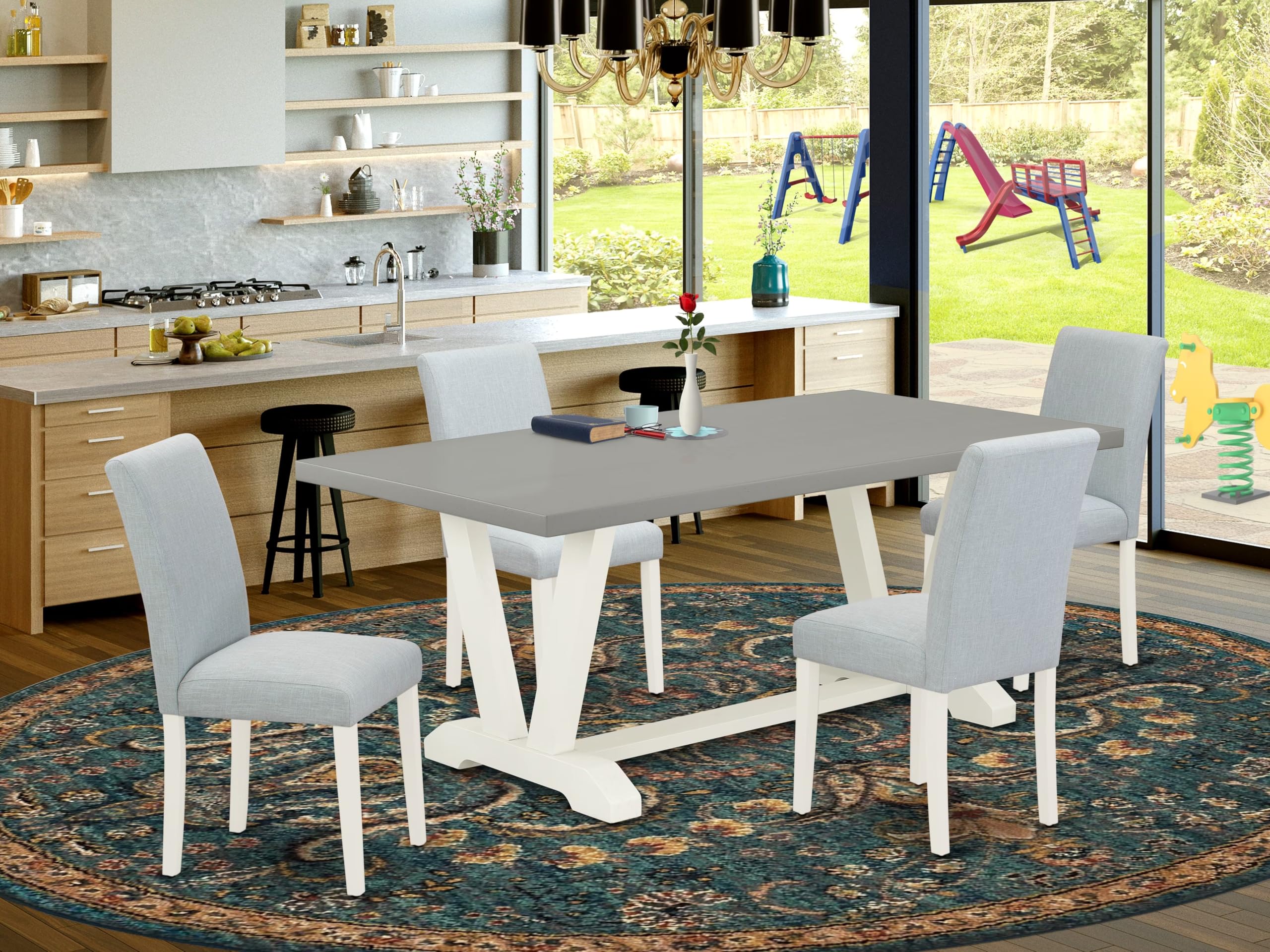 East West Furniture V097Ab015-5 5 Piece Modern Dining Table Set Includes A Rectangle Wooden Table With V-Legs And 4 Baby Blue Linen Fabric Upholstered Chairs, 40X72 Inch, Multi-Color