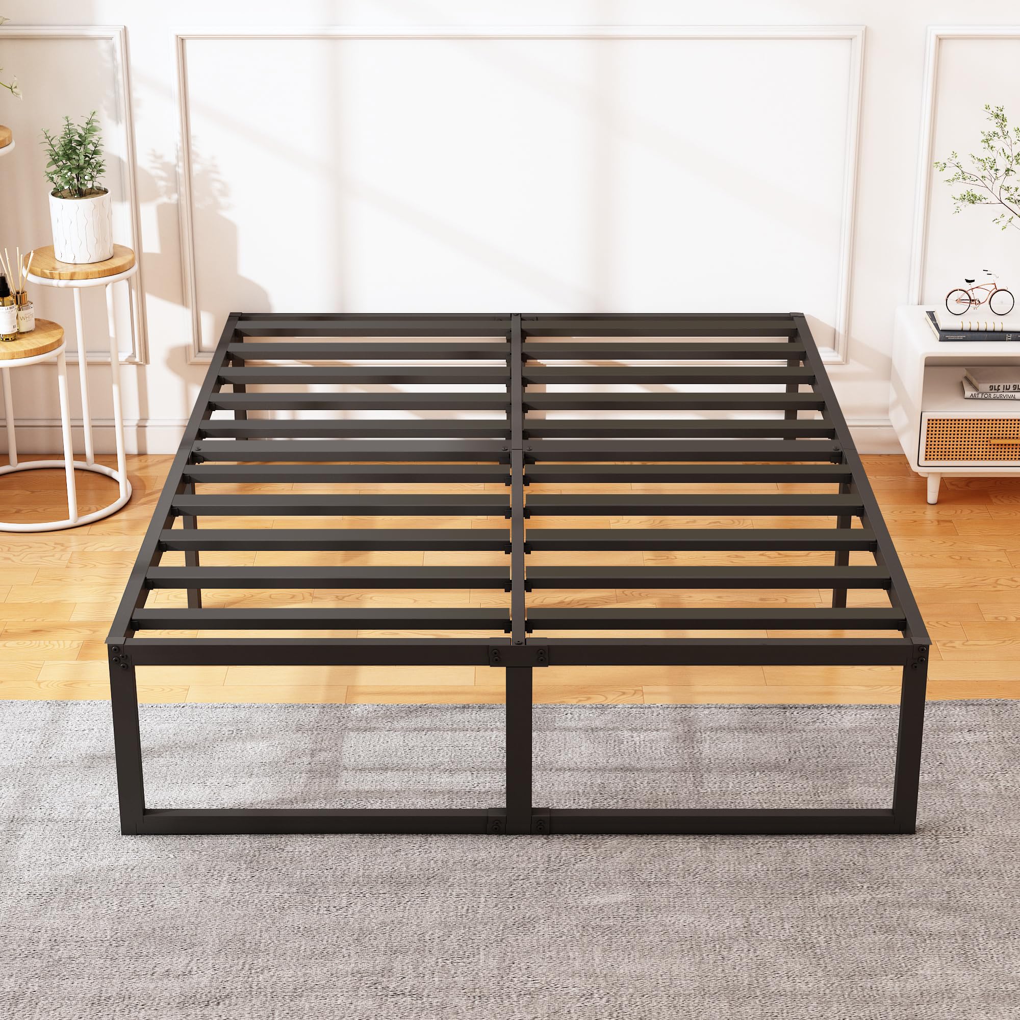 Xinxinyan 18 Inch Queen Bed Frame, No Box Spring Needed, Heavy Duty Metal Platform Queen Size Bed Frame, Strong Steel Slats Support, Noise Free, Easy Assembly, Black