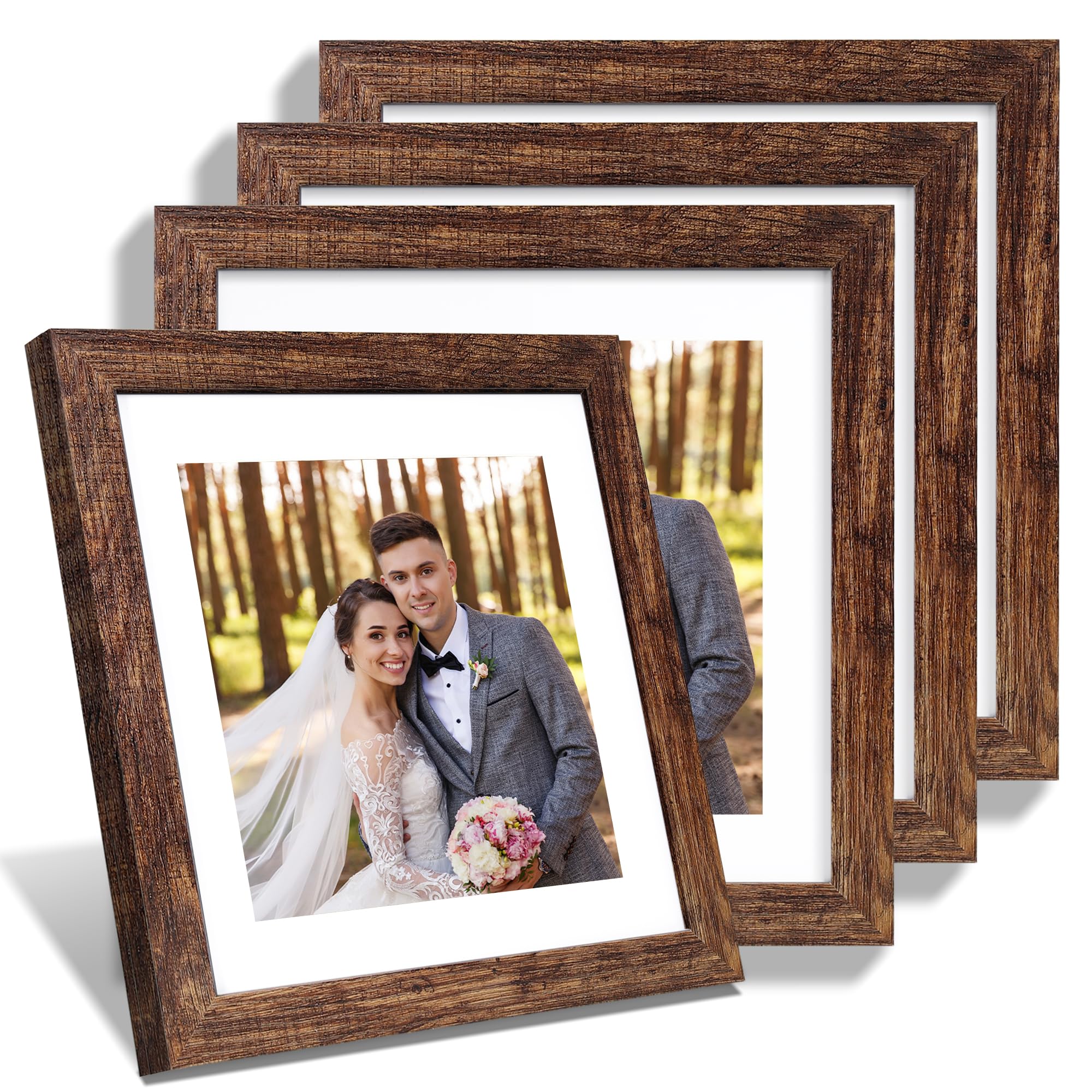 Hongkee 10x10 Picture Frame Set of 4, Made of Glass and Rustic Brown Wooden Frame - Display Picture 8x8 with Mat or 10 x 10 With