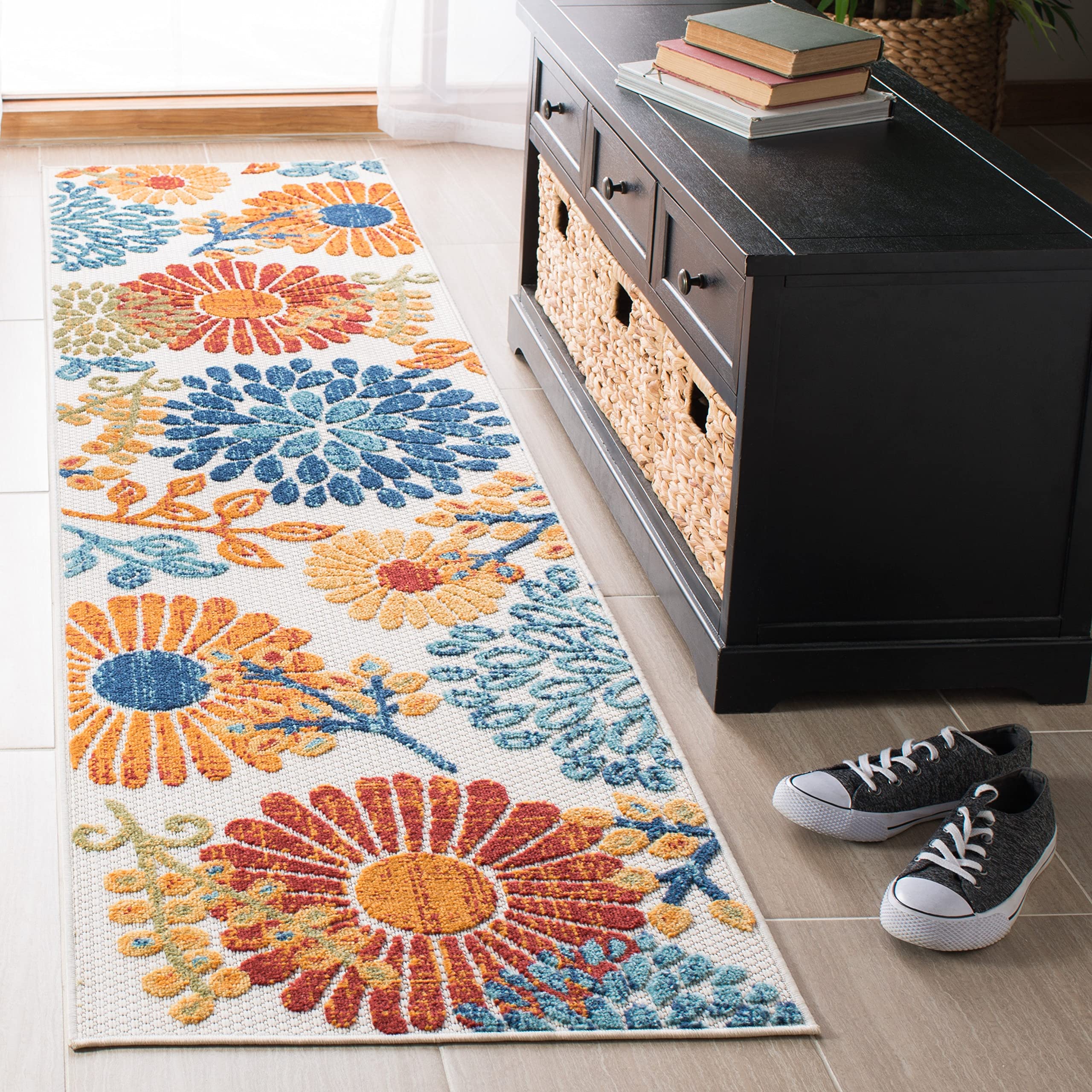 Safavieh Cabana Collection Runner Rug - 2' X 8', Grey & Blue, Floral Design, Non-Shedding & Easy Care, Indoor/Outdoor & Washable-Ideal For Patio, Backyard, Mudroom (Cbn832F)