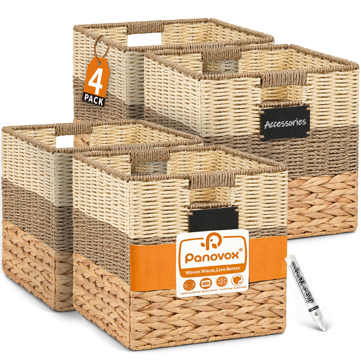 Panovox 10.5 Inch Cube Storage Bin, 4 Pack Wicker Storage Baskets, Natural