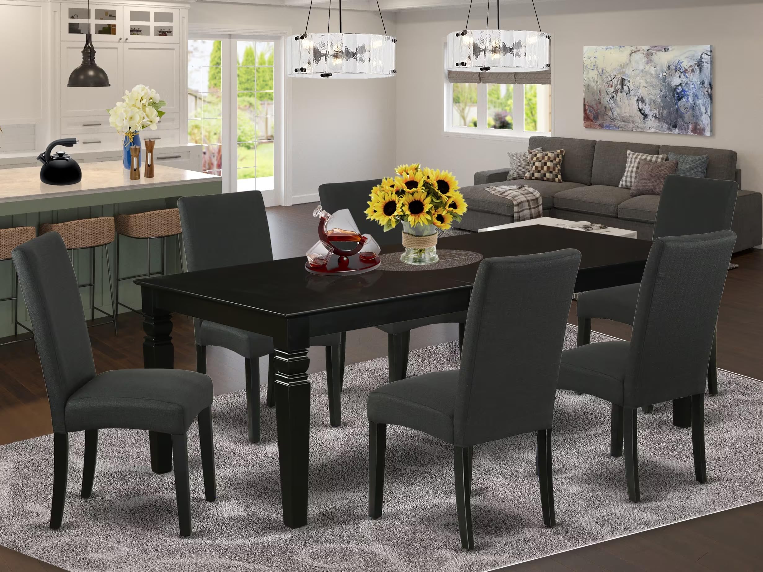 East West Furniture LGDR7-BLK-24 7 Piece Dining Table Set Consist of a Rectangle Dinner Table with Butterfly Leaf and 6 Black Color Linen Fabric Parson Chairs, 42x84 Inch, Black