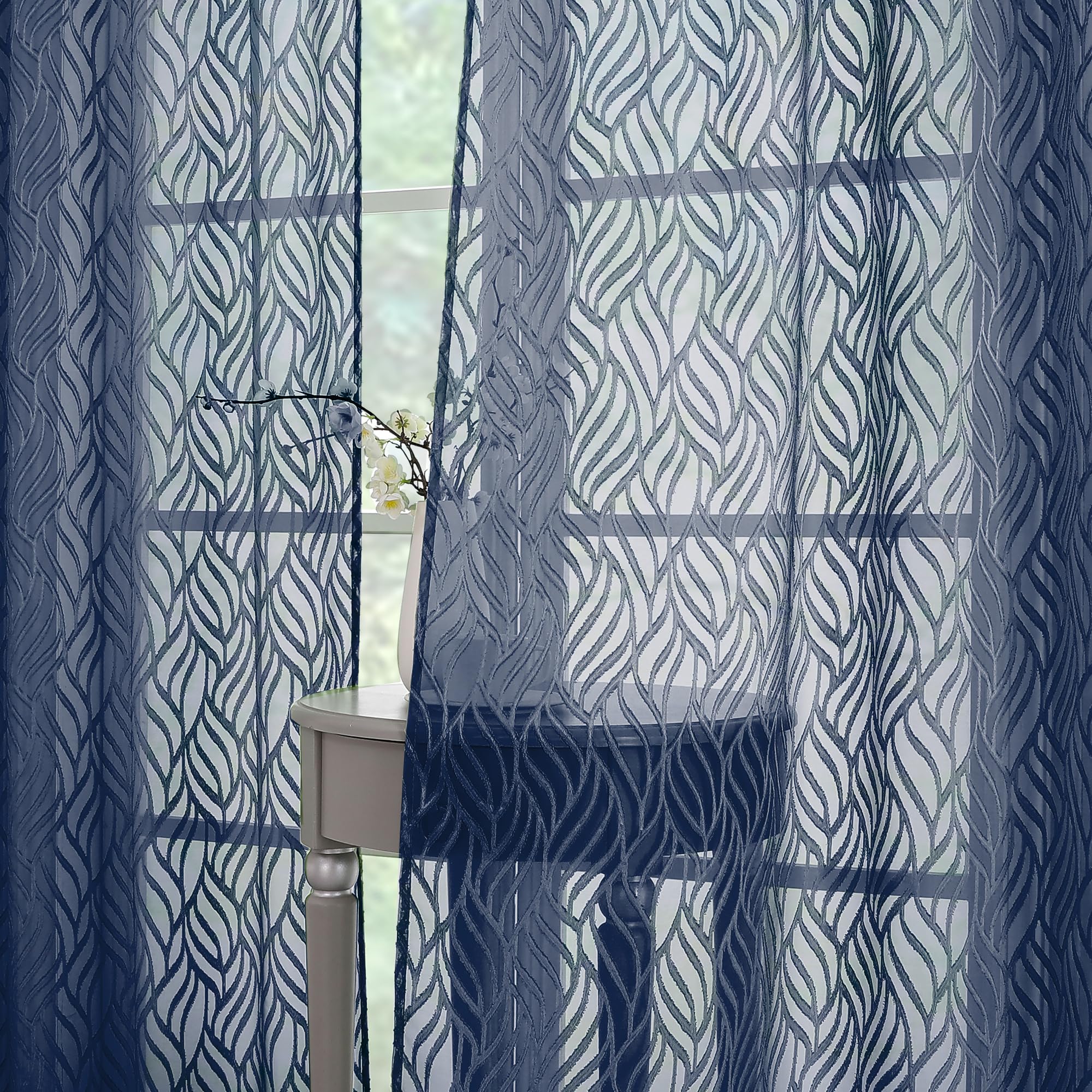 Chyhomenyc Marilyn Navy Blue Sheer Curtains 63 Inch Length 2 Panels, Light Filtering Breathable 3D Leaf Clip Jacquard Textured S