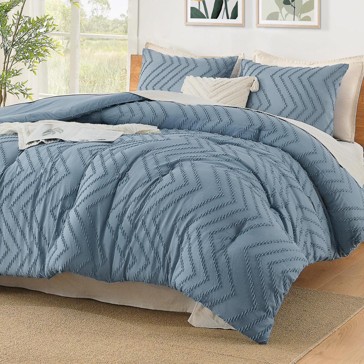 Litanika Oversized King Comforter Set 128X120, 3 Pieces Grayish Blue Super King Plus Size Chevron Tufted Solid Bedding Comforter