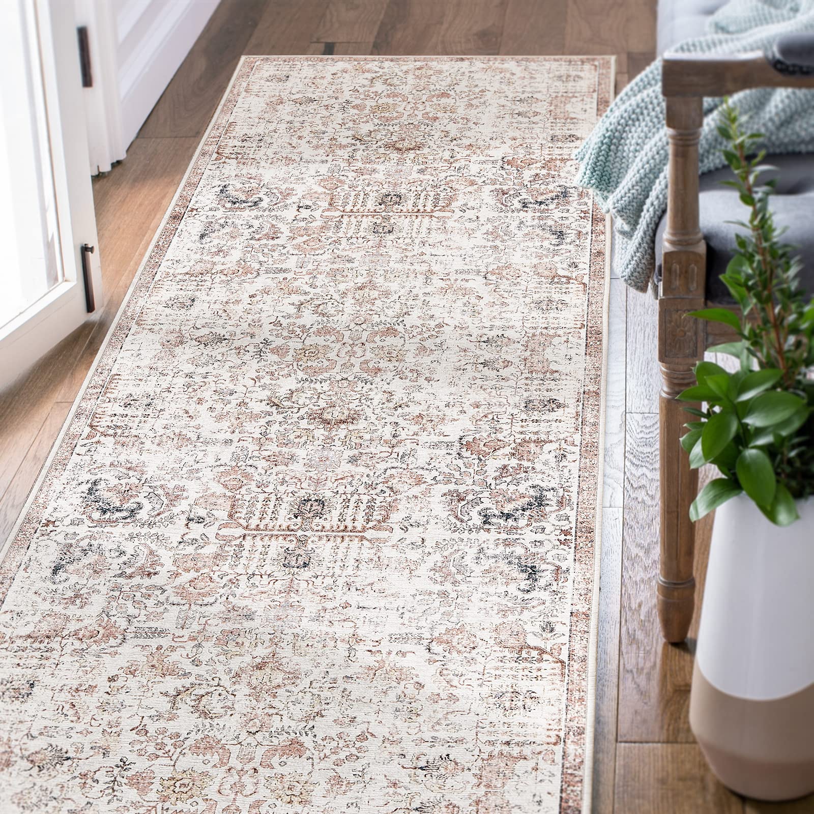 jinchan Runner Rug 3x10 Washable Rug Area Rug Vintage Indoor Floor Cover Thin Rug Retro Distressed Red Multi Carpet Floral Print