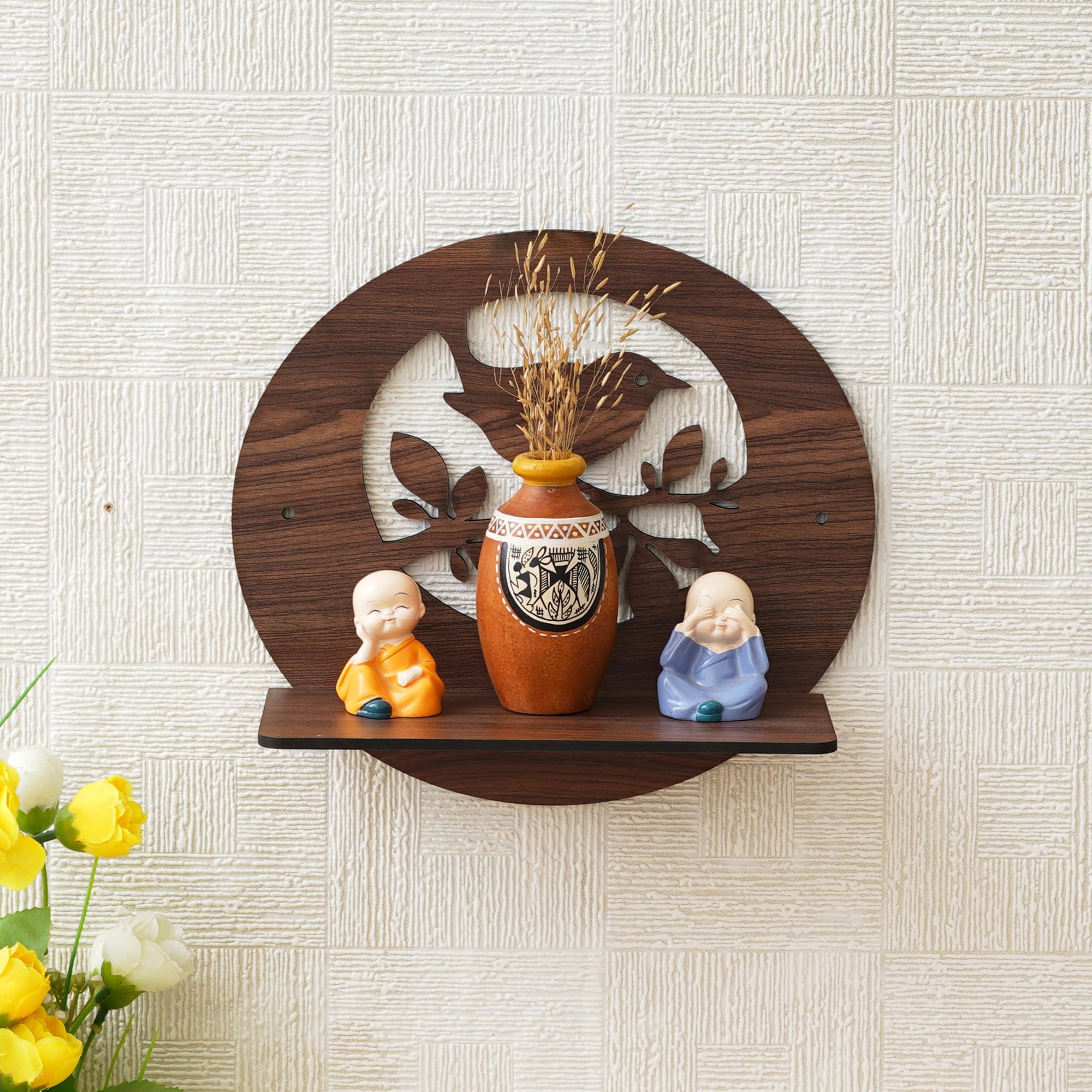 Ecraftindia Birds On A Tree Branch Cut Out Wooden Wall Shelf | Charming Home Decor For Living Rooms, Bedrooms, And Offices For N
