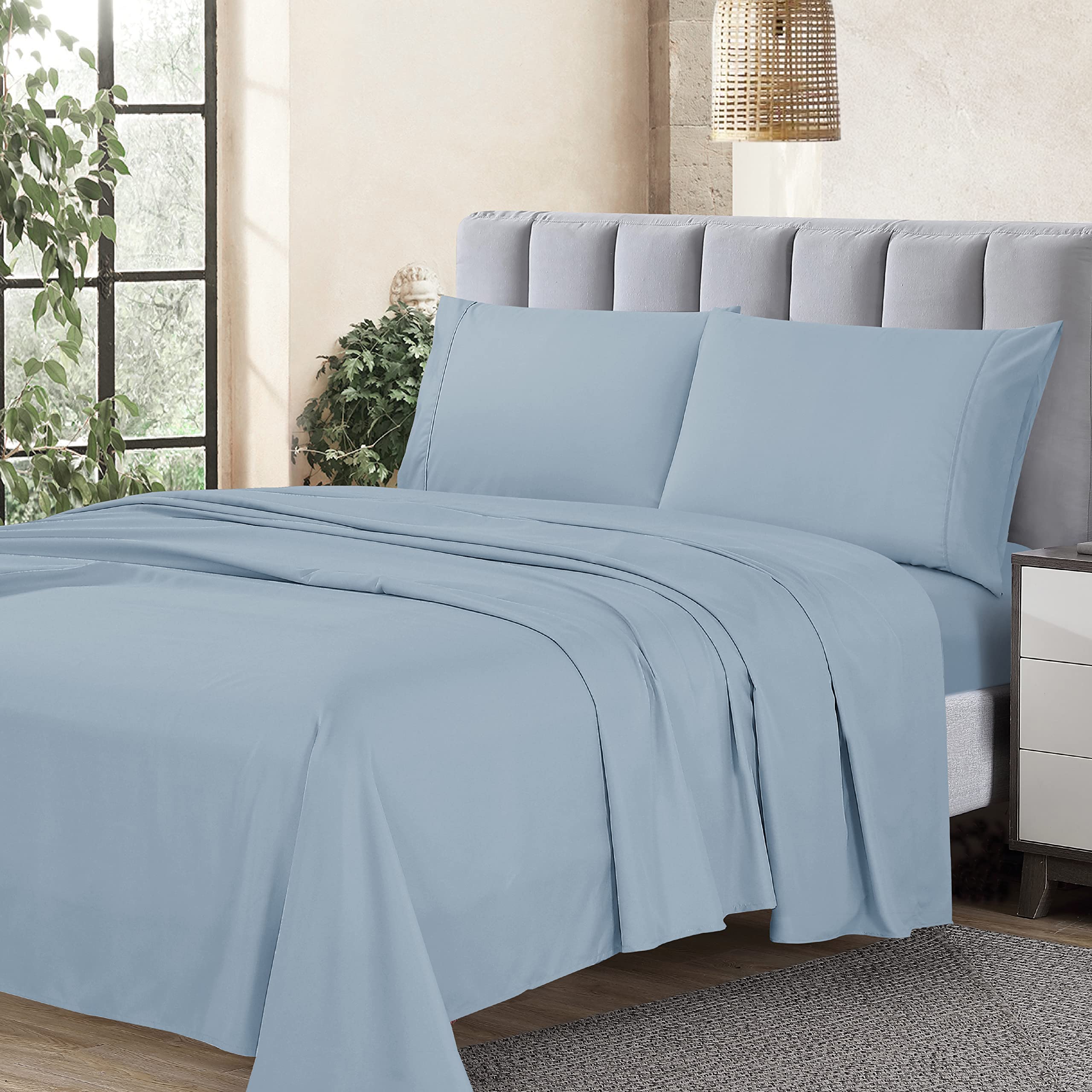 Cathay Home Essentials Ultra Soft Hypoallergenic Wrinkle Resistant Double Brushed Microfiber Bedding Sheet Set, Blue Fog, Queen