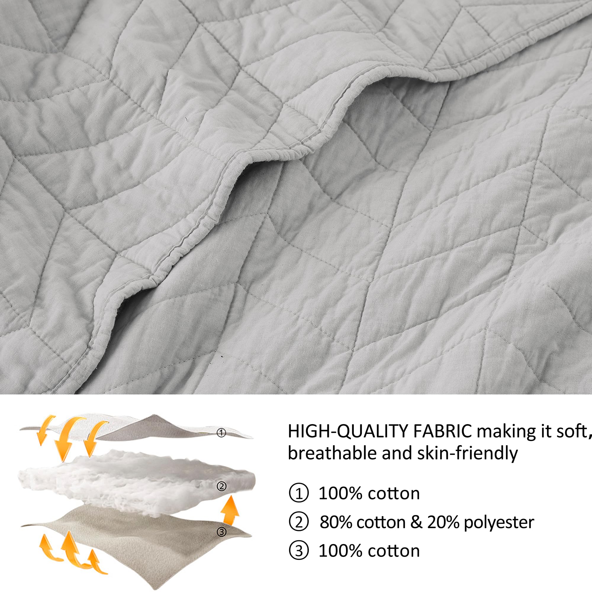 Palassio Light Grey 100% Cotton Quilt Queen Size Bedding Sets With Pillow Shams, Lightweight Soft Bedspread Coverlet, Quilted Co