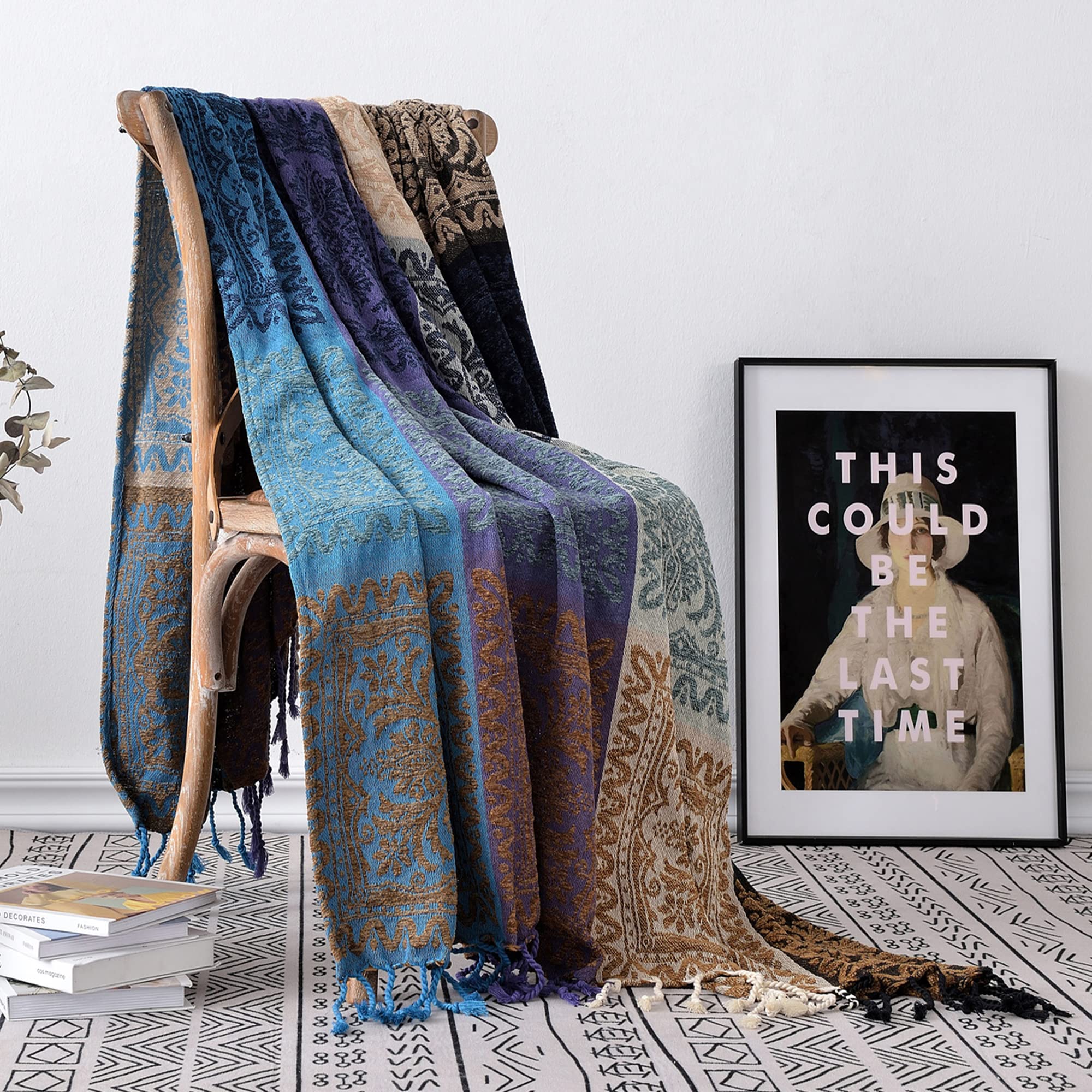 Edcooy Boho Chair Cover Colorful Chenille Tassels Hippie Throw Blanket For Couch Bed Sofa Recliner Loveseat, Blanket For Bohemia