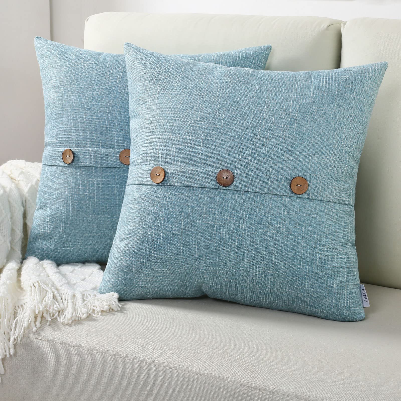 Futei Light Blue Linen Decorative Throw Pillow Covers 16X16 Inch Set Of 2, Square Cushion Case With Vintage Button/Zipper,Modern