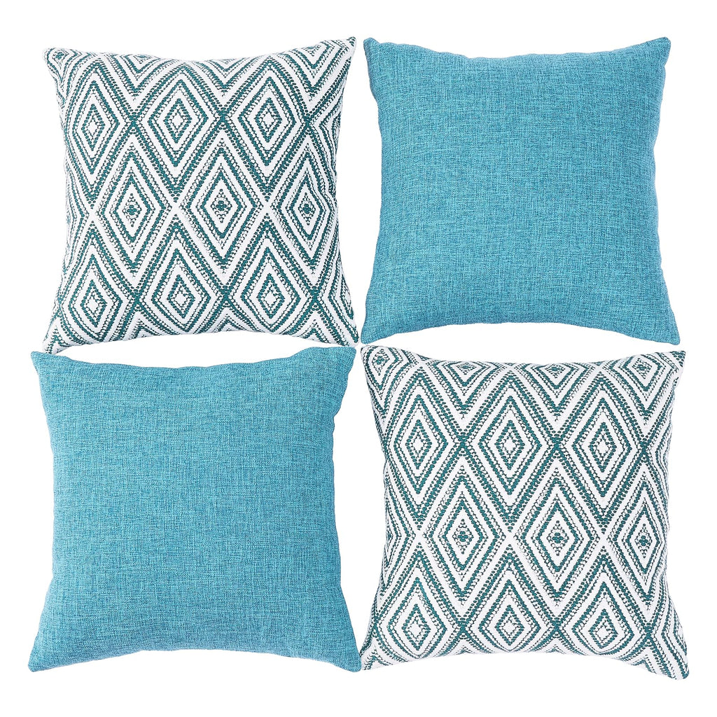 Hpuk Decorative Throw Pillow Covers Set Of 4 Geometric Design Linen Cushion Cover For Couch Sofa Living Room, 18'X18' Inches, Aqua Blue