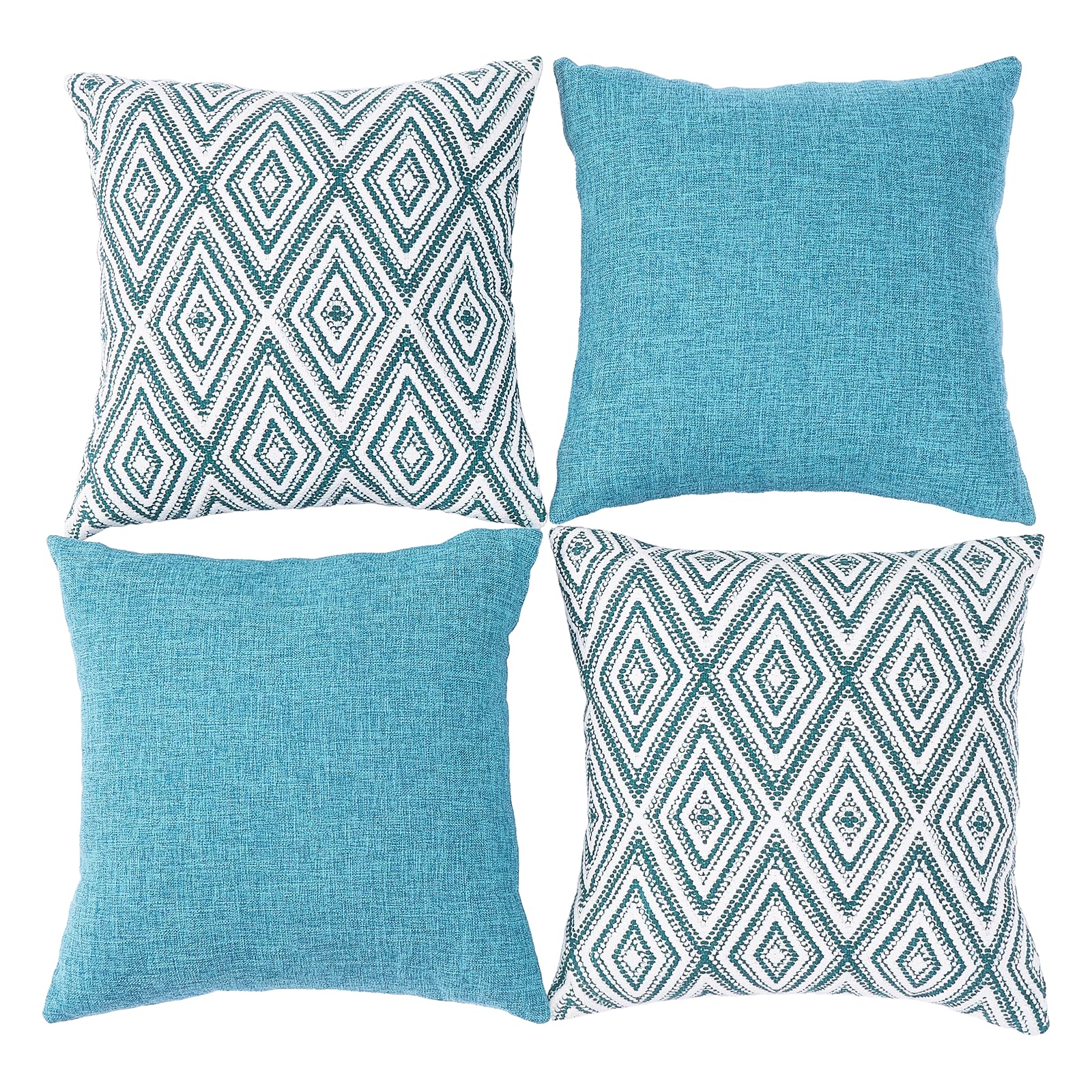 Hpuk Decorative Throw Pillow Covers Set Of 4 Geometric Design Linen Cushion Cover For Couch Sofa Living Room, 18'X18' Inches, Aqua Blue