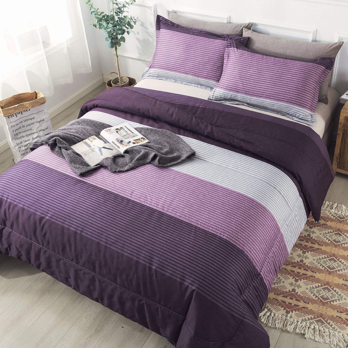 Andency Stripe Comforter Set Queen Size (90X90 Inch), 3 Pieces Purple And Gray Patchwork Striped Comforter, Soft Microfiber Down