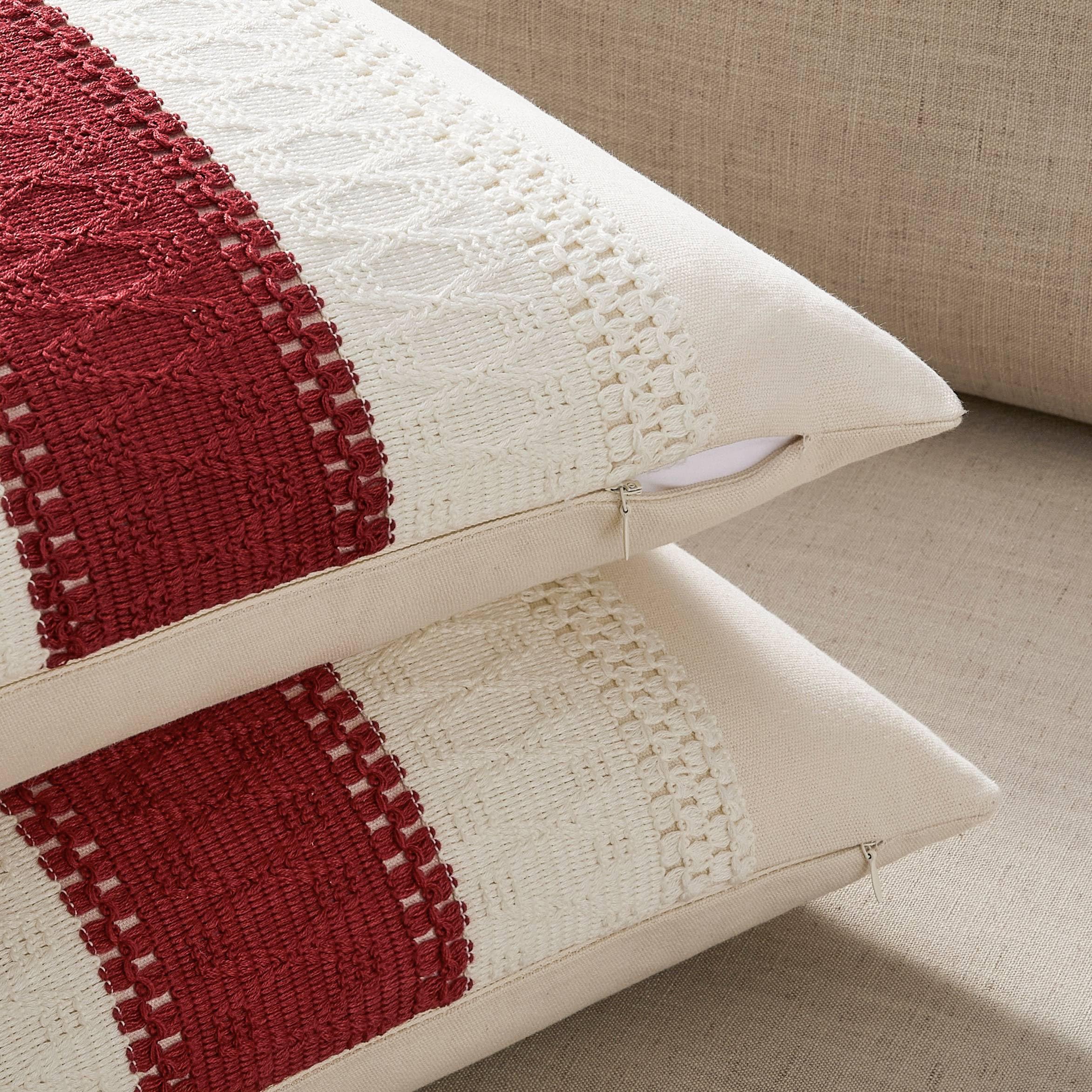 Zeemart 2 Packs Cotton Boho Christmas Pillow Covers 20X20 Inch Contrast/Red, Soft Farmhouse Decorative Couch Pillow Cases Red Cushion Covers For Sofa Bed Living Room Home Decor
