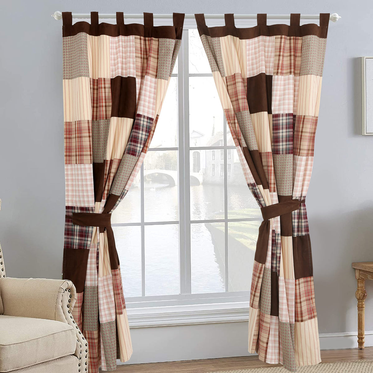 Cozy Line Home Fashions Brown Plaid Farmhouse Country Patchwork Window Curtains With Tie Backs Set, 84' X 50', 2 Panels
